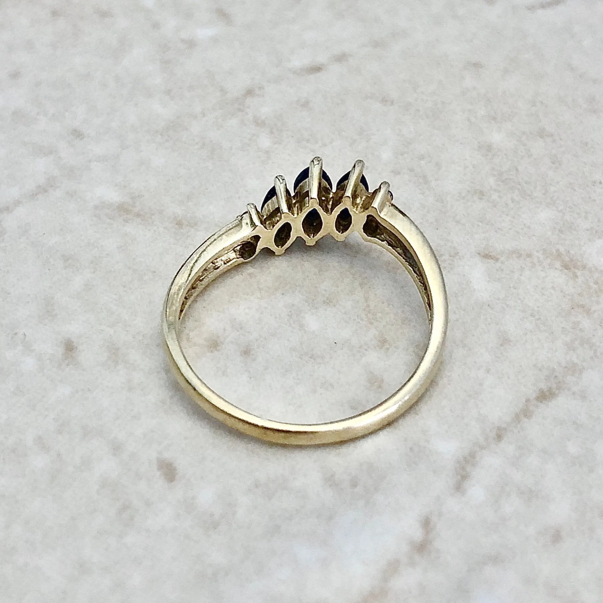 Vintage 14 Karat Yellow Gold Marquise Blue Sapphire & Diamond Three-Stone Band Ring