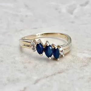 Vintage 14 Karat Yellow Gold Marquise Blue Sapphire & Diamond Three-Stone Band Ring