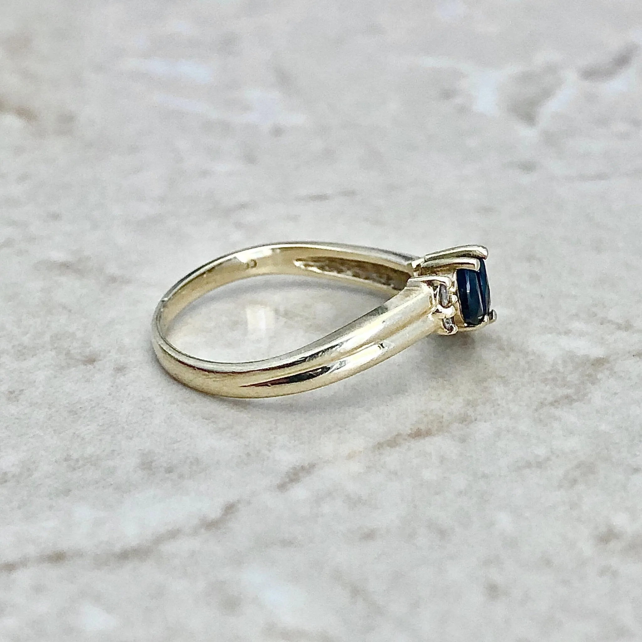 Vintage 14 Karat Yellow Gold Marquise Blue Sapphire & Diamond Three-Stone Band Ring