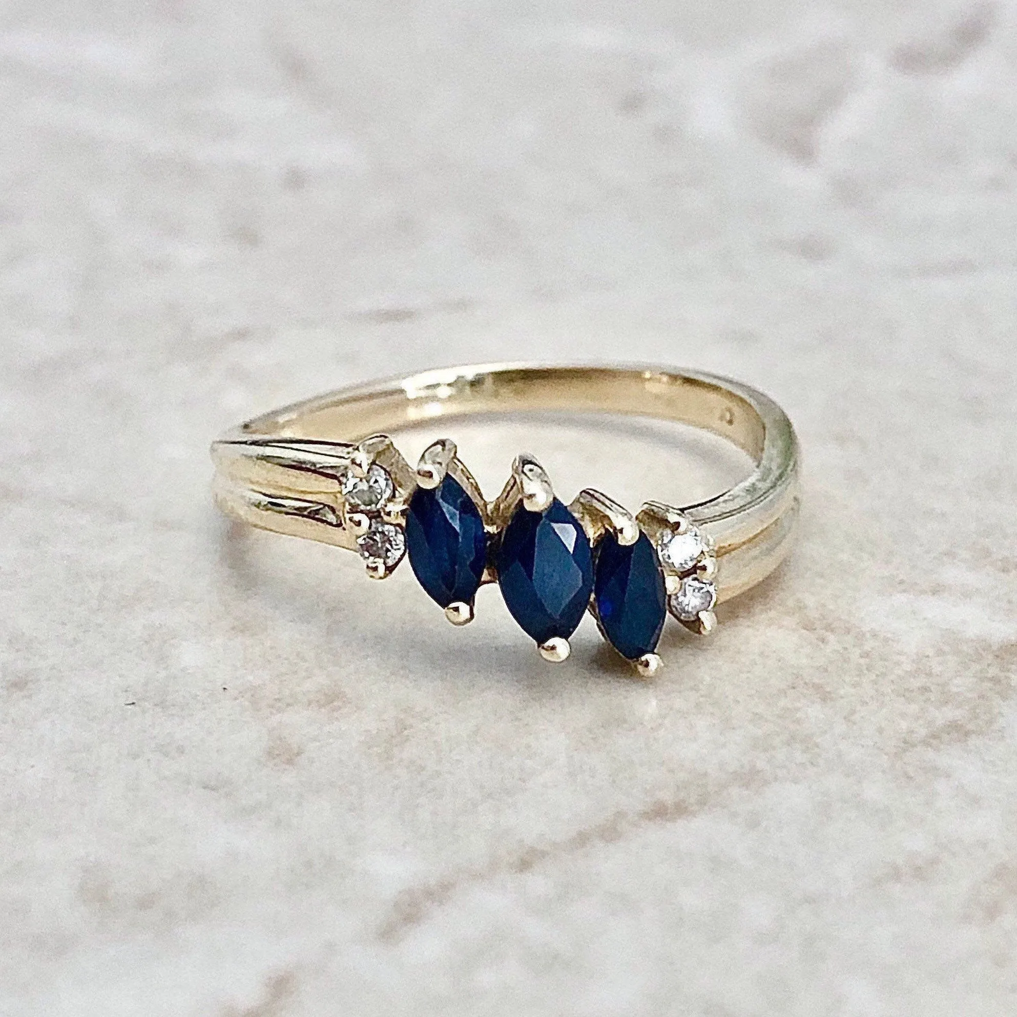 Vintage 14 Karat Yellow Gold Marquise Blue Sapphire & Diamond Three-Stone Band Ring