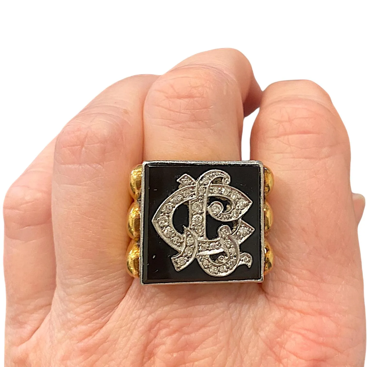 Vintage 18K Gold Onyx & Diamond Large Signet Ring