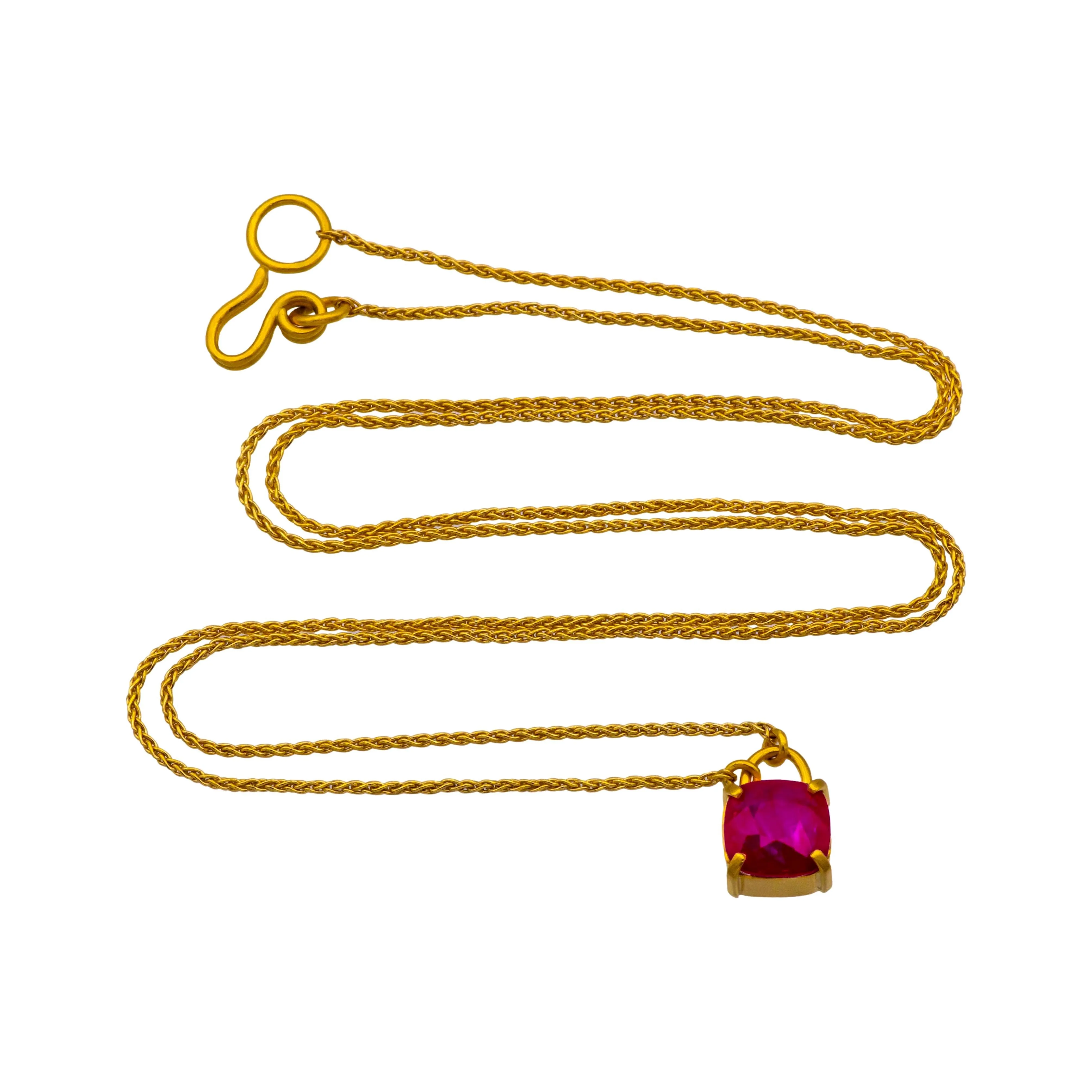 Vintage 22K / 18K Yellow Gold Ruby Pendant Necklace – 24 Inches, Hand-Made
