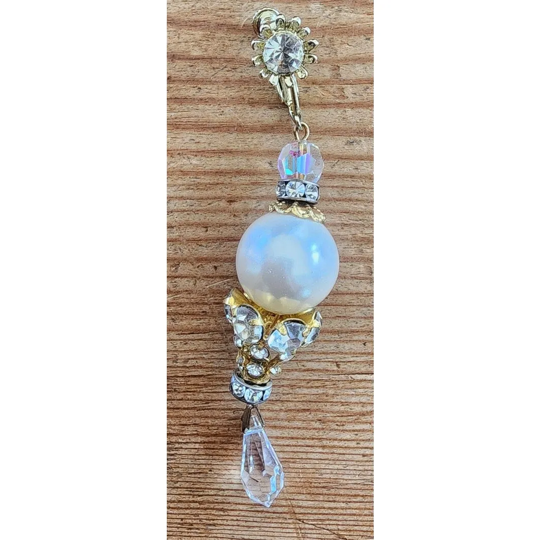 Vintage 60s Dangly Earrings Sparkly Rhinestone Pearl Screw-On Clips