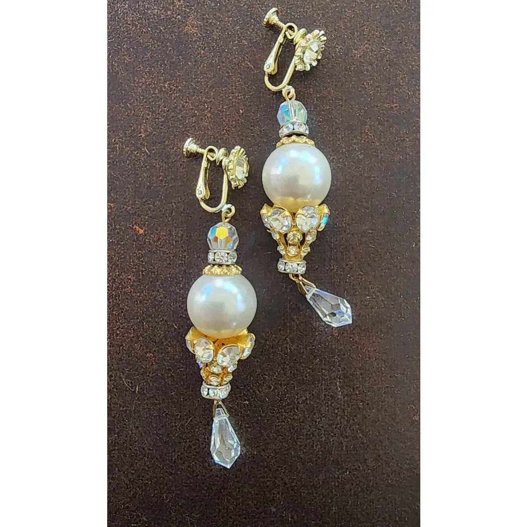 Vintage 60s Dangly Earrings Sparkly Rhinestone Pearl Screw-On Clips