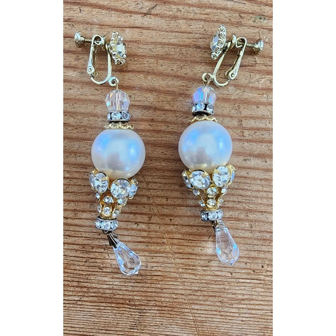 Vintage 60s Dangly Earrings Sparkly Rhinestone Pearl Screw-On Clips