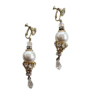 Vintage 60s Dangly Earrings Sparkly Rhinestone Pearl Screw-On Clips