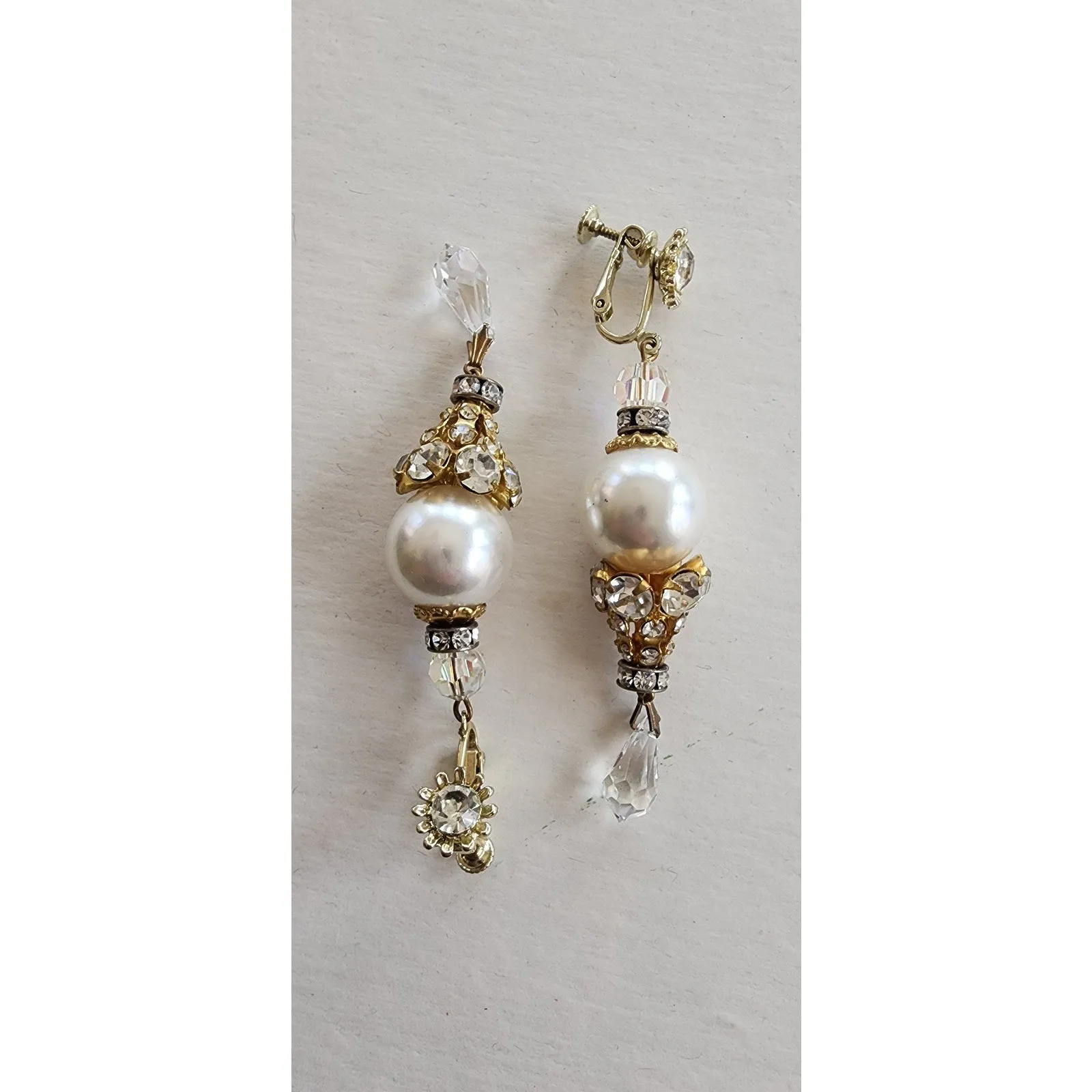 Vintage 60s Dangly Earrings Sparkly Rhinestone Pearl Screw-On Clips