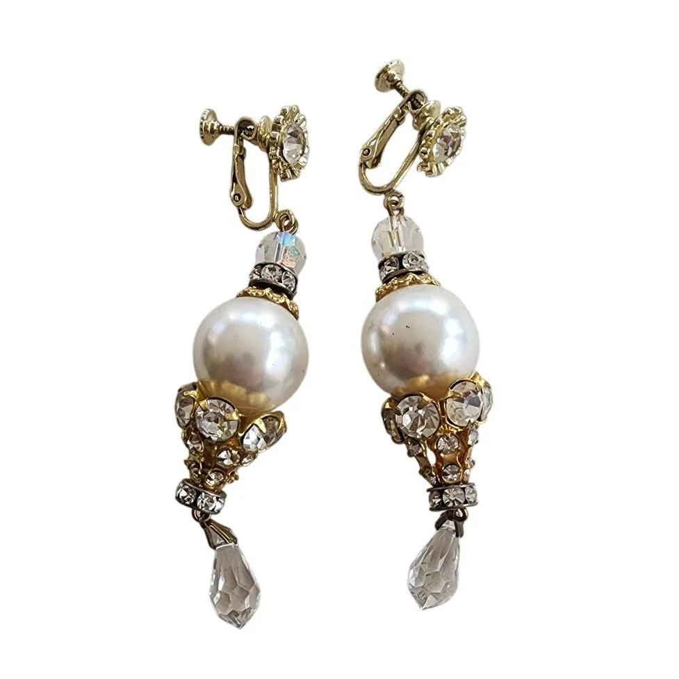 Vintage 60s Dangly Earrings Sparkly Rhinestone Pearl Screw-On Clips