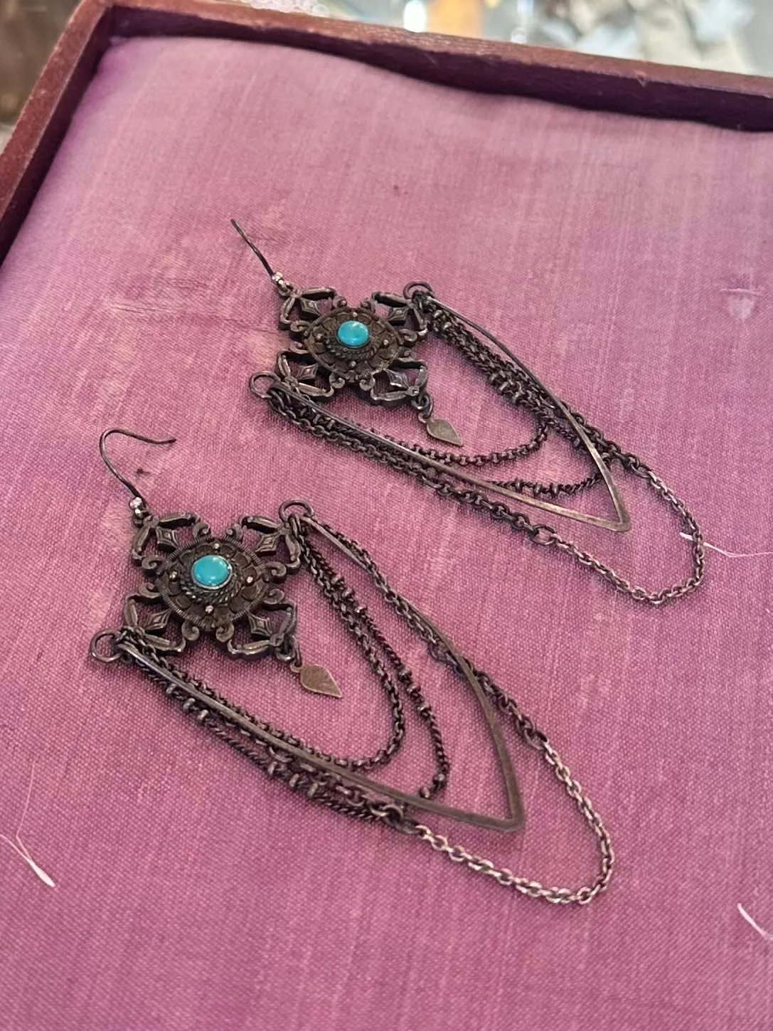 Vintage Bohemian Chandelier Silver Plated & Genuine Turquoise Statement Dangle Earrings