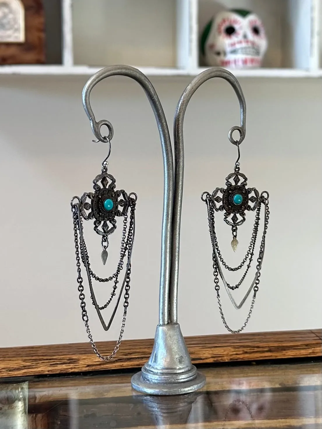 Vintage Bohemian Chandelier Silver Plated & Genuine Turquoise Statement Dangle Earrings