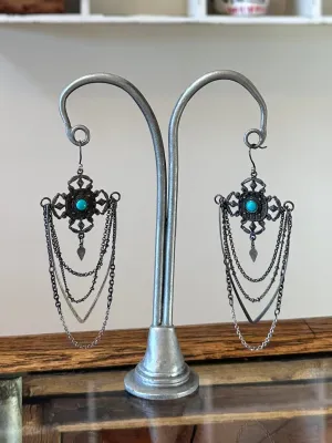 Vintage Bohemian Chandelier Silver Plated & Genuine Turquoise Statement Dangle Earrings