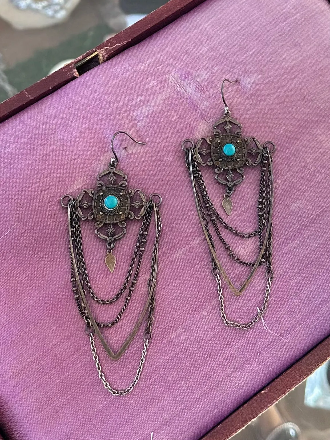 Vintage Bohemian Chandelier Silver Plated & Genuine Turquoise Statement Dangle Earrings