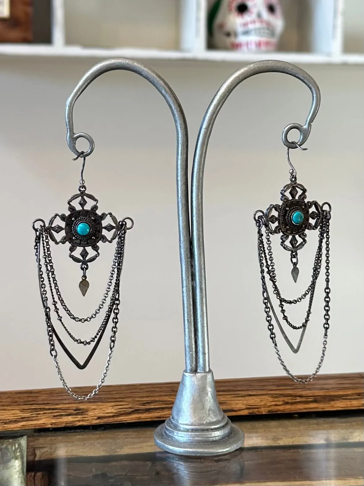 Vintage Bohemian Chandelier Silver Plated & Genuine Turquoise Statement Dangle Earrings