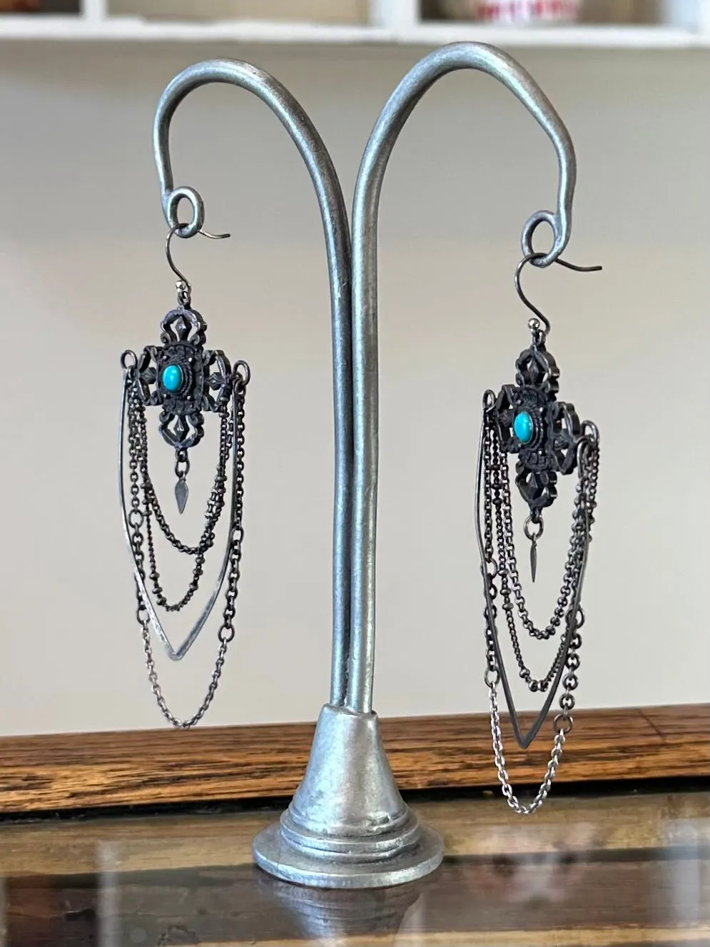 Vintage Bohemian Chandelier Silver Plated & Genuine Turquoise Statement Dangle Earrings
