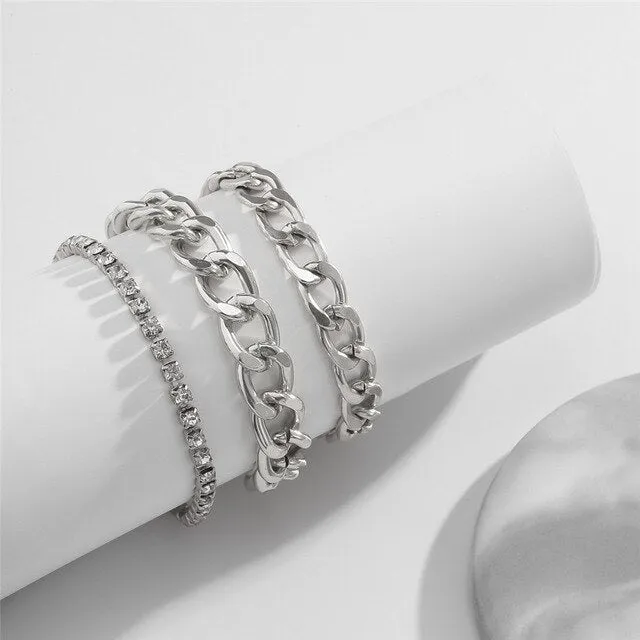 Vintage Crystal Snake Chain Bracelets Set for Women Men Summer Beach Punk Iced Out Rhinestones Bangle Charm Friends Hand Jewelry