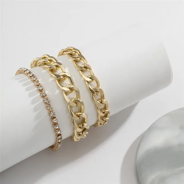 Vintage Crystal Snake Chain Bracelets Set for Women Men Summer Beach Punk Iced Out Rhinestones Bangle Charm Friends Hand Jewelry