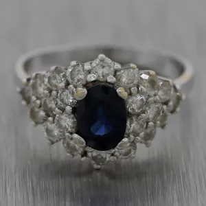 Vintage Estate 14k White Gold 1.75ctw Sapphire & Diamond Cluster Ring