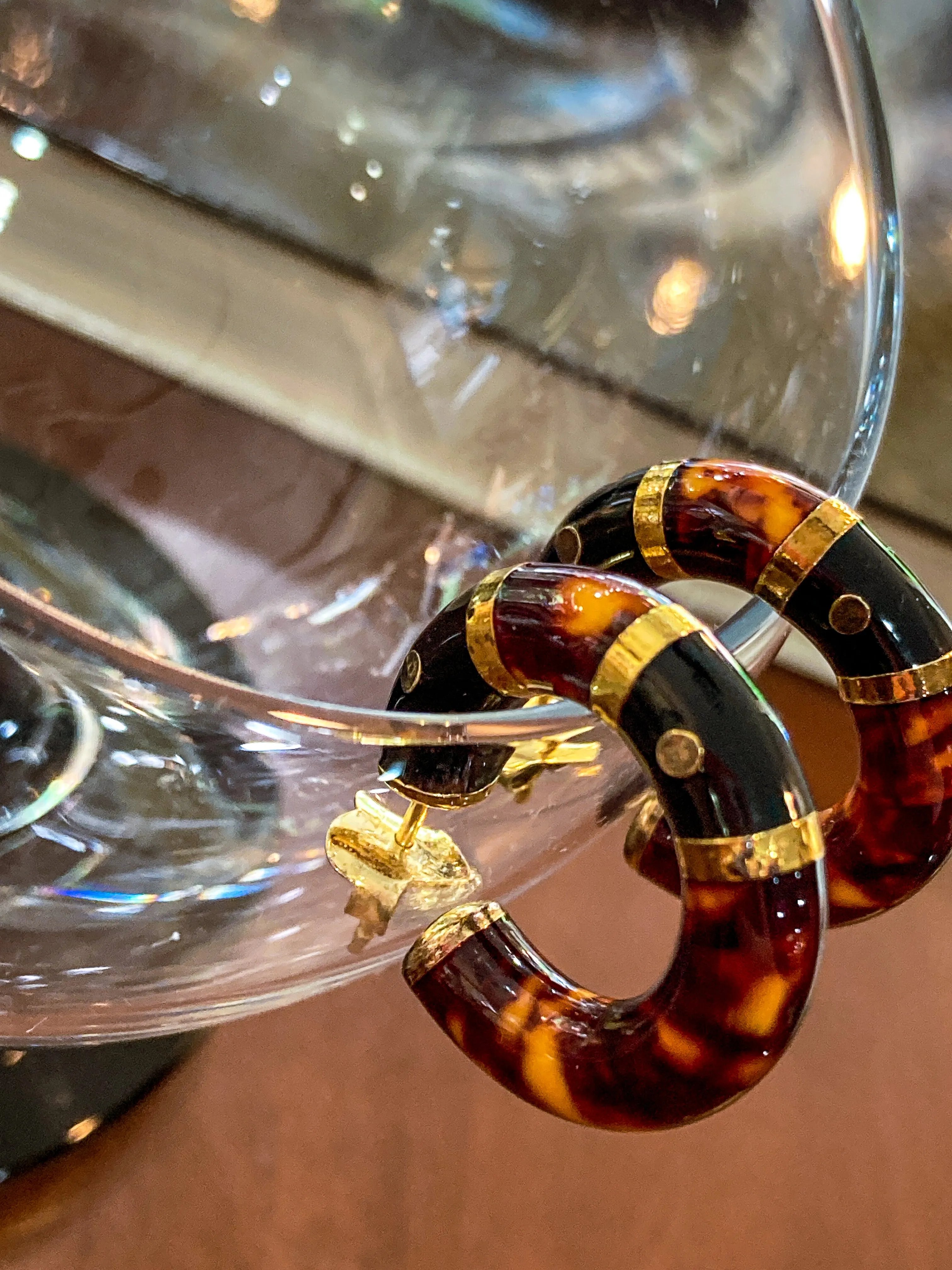 Vintage FLLI MENEGATTI Gold Vermeil 925 Tortoise Shell Black Onyx Hoop Post Earrings