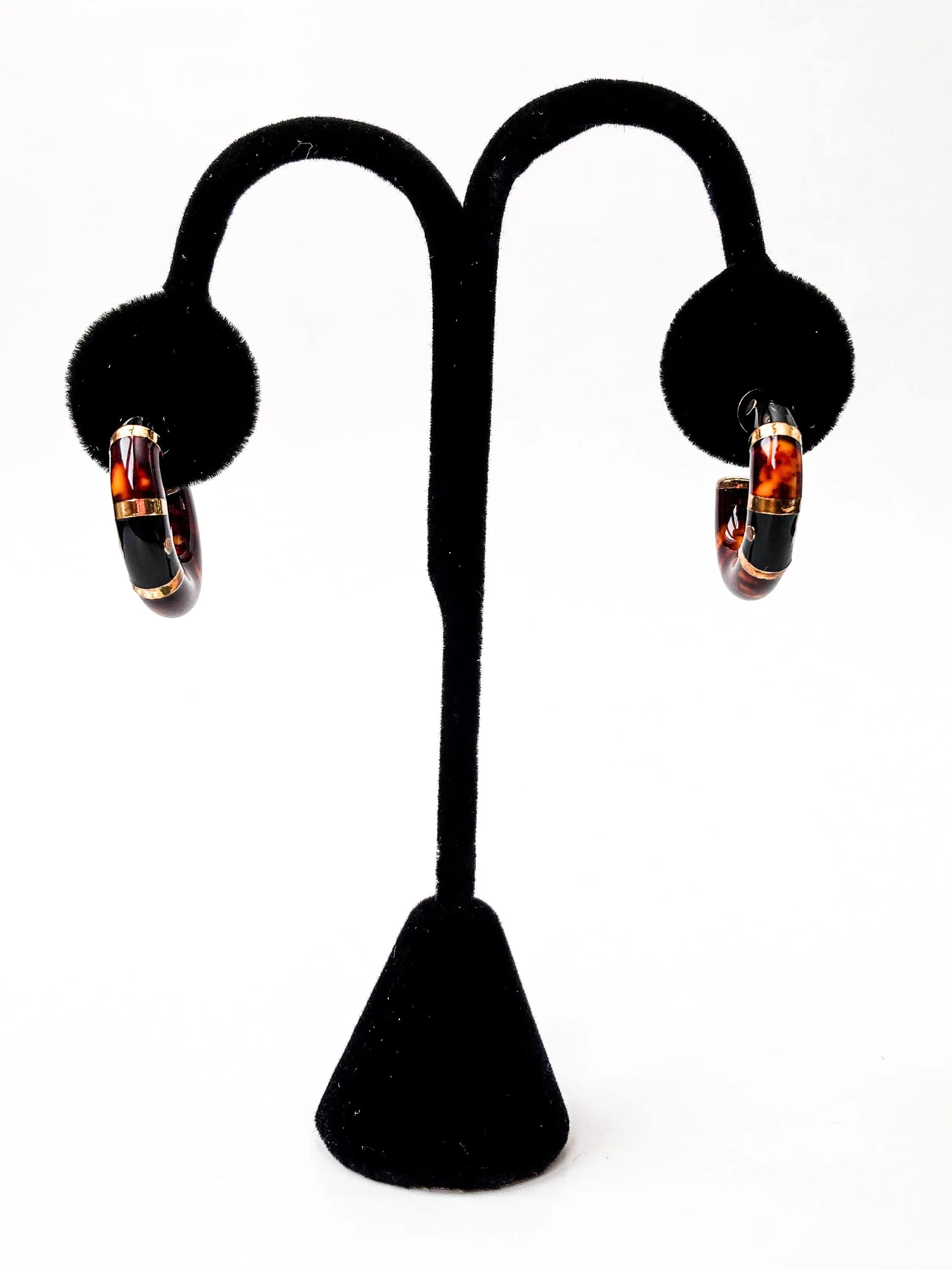 Vintage FLLI MENEGATTI Gold Vermeil 925 Tortoise Shell Black Onyx Hoop Post Earrings