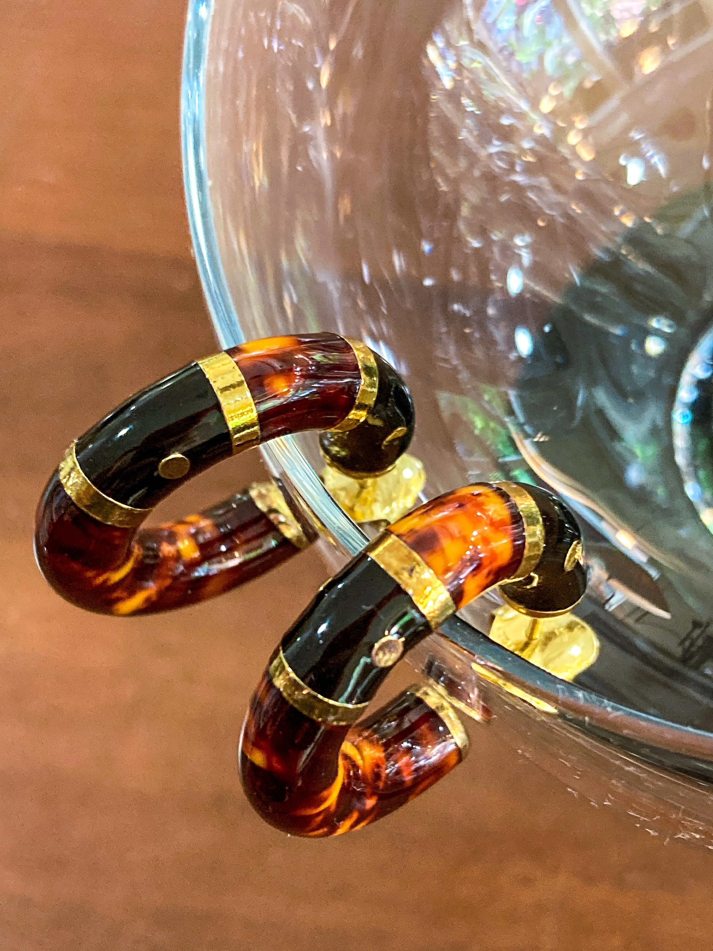 Vintage FLLI MENEGATTI Gold Vermeil 925 Tortoise Shell Black Onyx Hoop Post Earrings