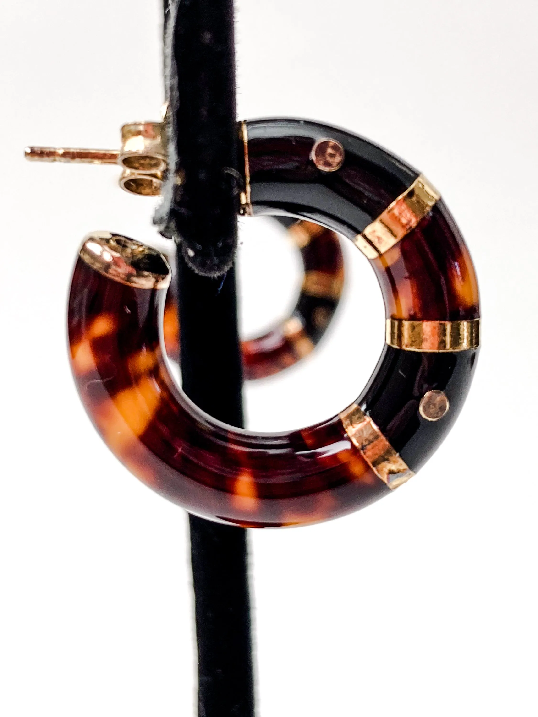 Vintage FLLI MENEGATTI Gold Vermeil 925 Tortoise Shell Black Onyx Hoop Post Earrings