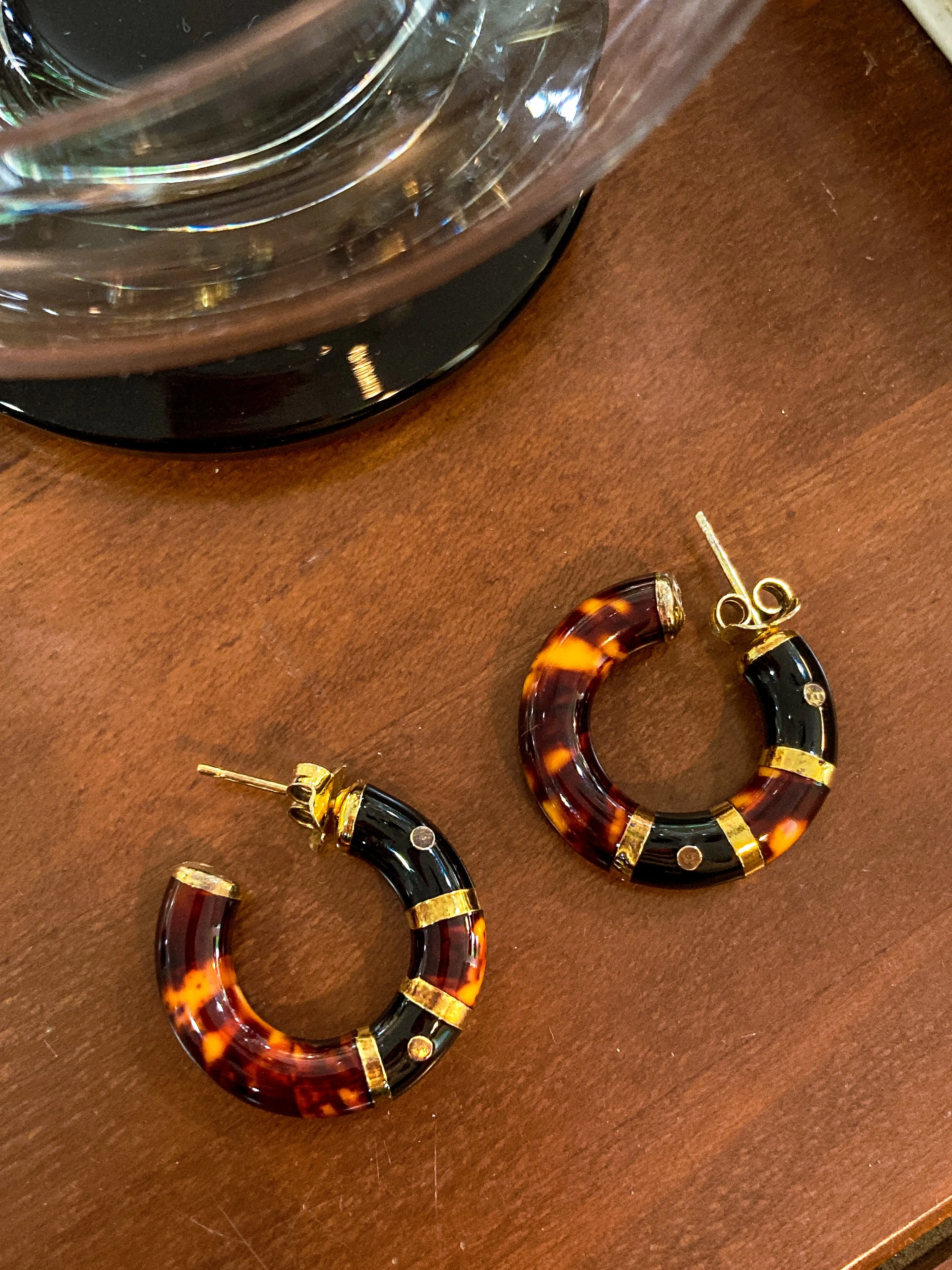 Vintage FLLI MENEGATTI Gold Vermeil 925 Tortoise Shell Black Onyx Hoop Post Earrings