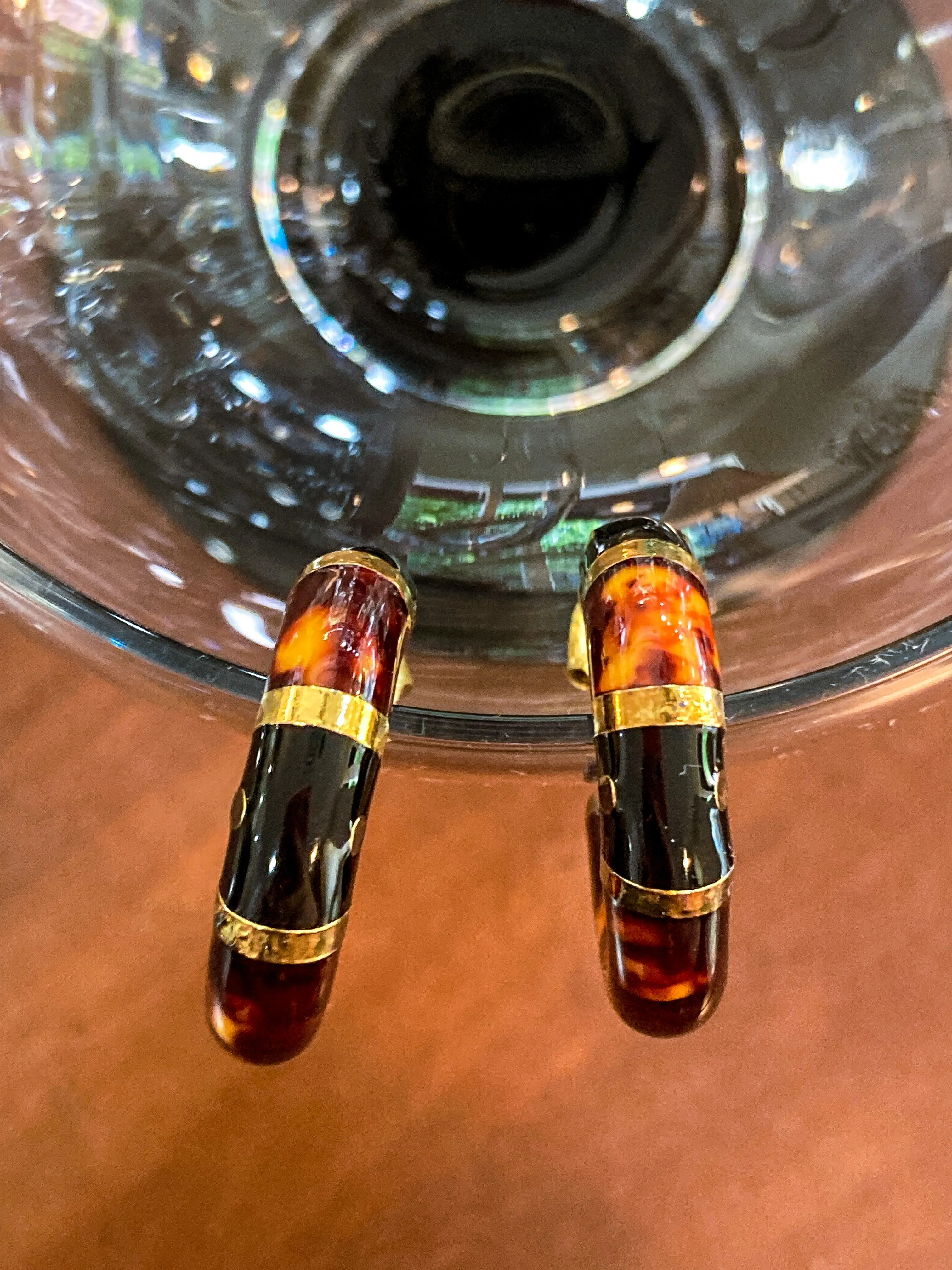 Vintage FLLI MENEGATTI Gold Vermeil 925 Tortoise Shell Black Onyx Hoop Post Earrings