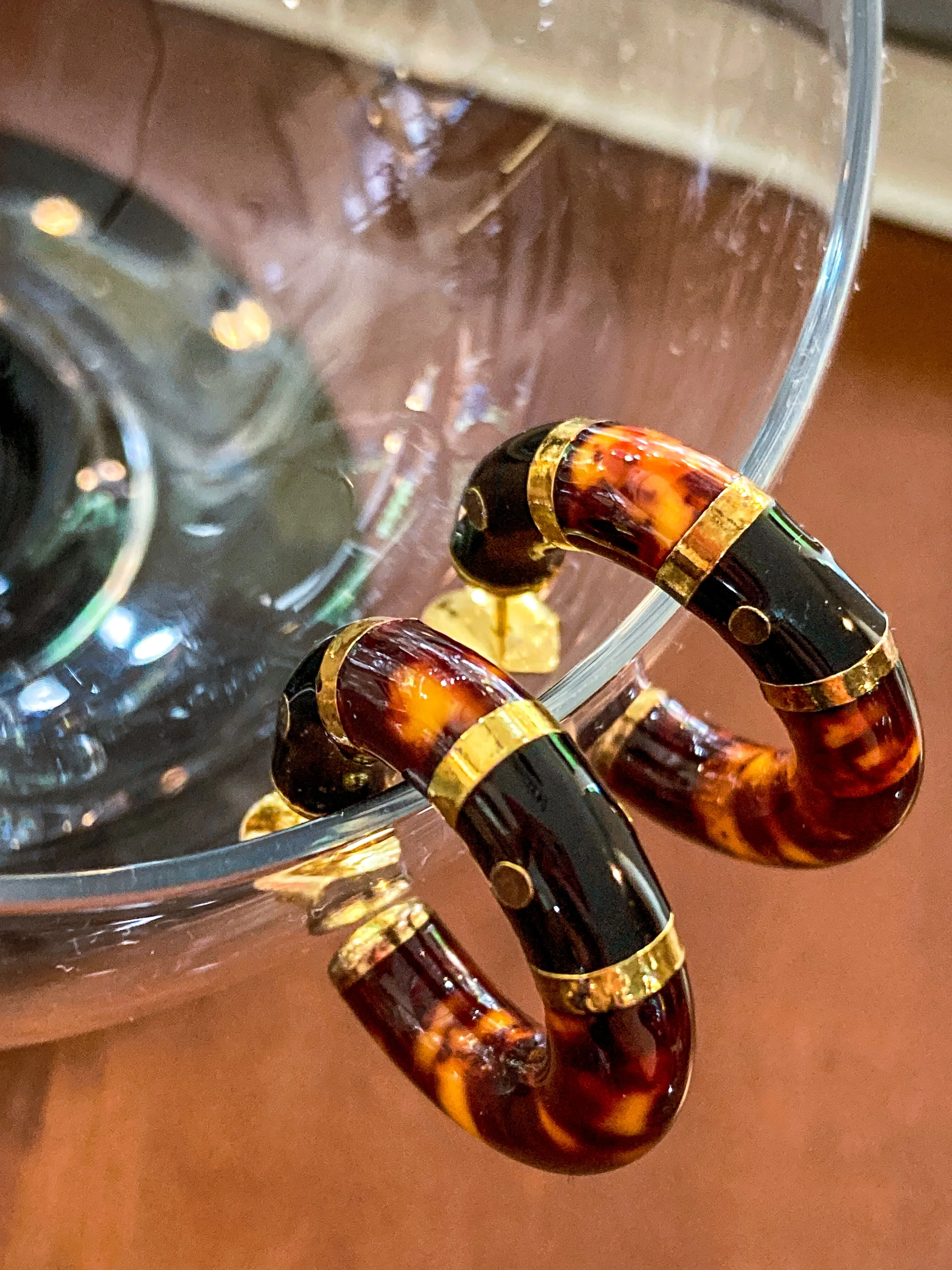Vintage FLLI MENEGATTI Gold Vermeil 925 Tortoise Shell Black Onyx Hoop Post Earrings