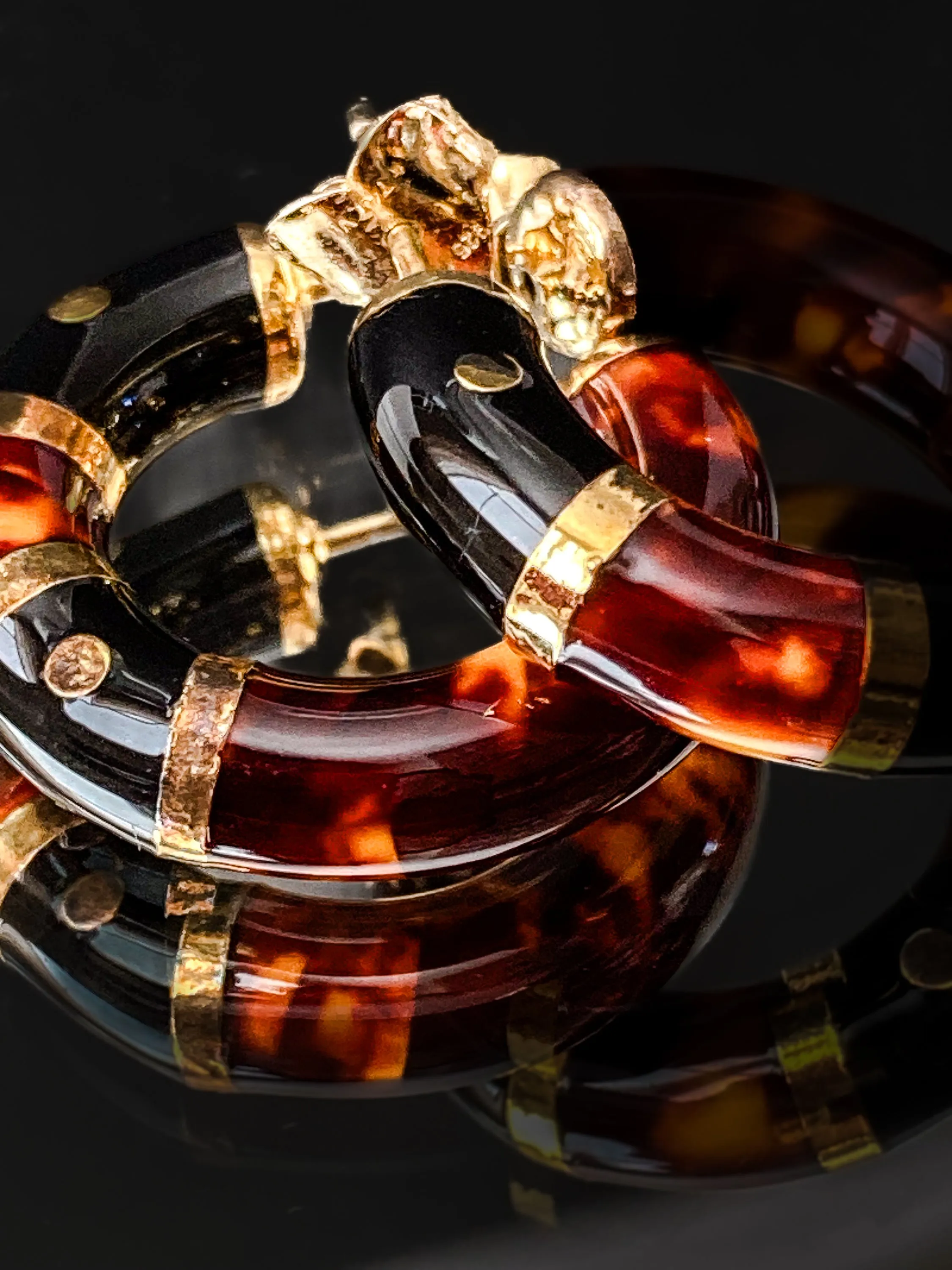 Vintage FLLI MENEGATTI Gold Vermeil 925 Tortoise Shell Black Onyx Hoop Post Earrings