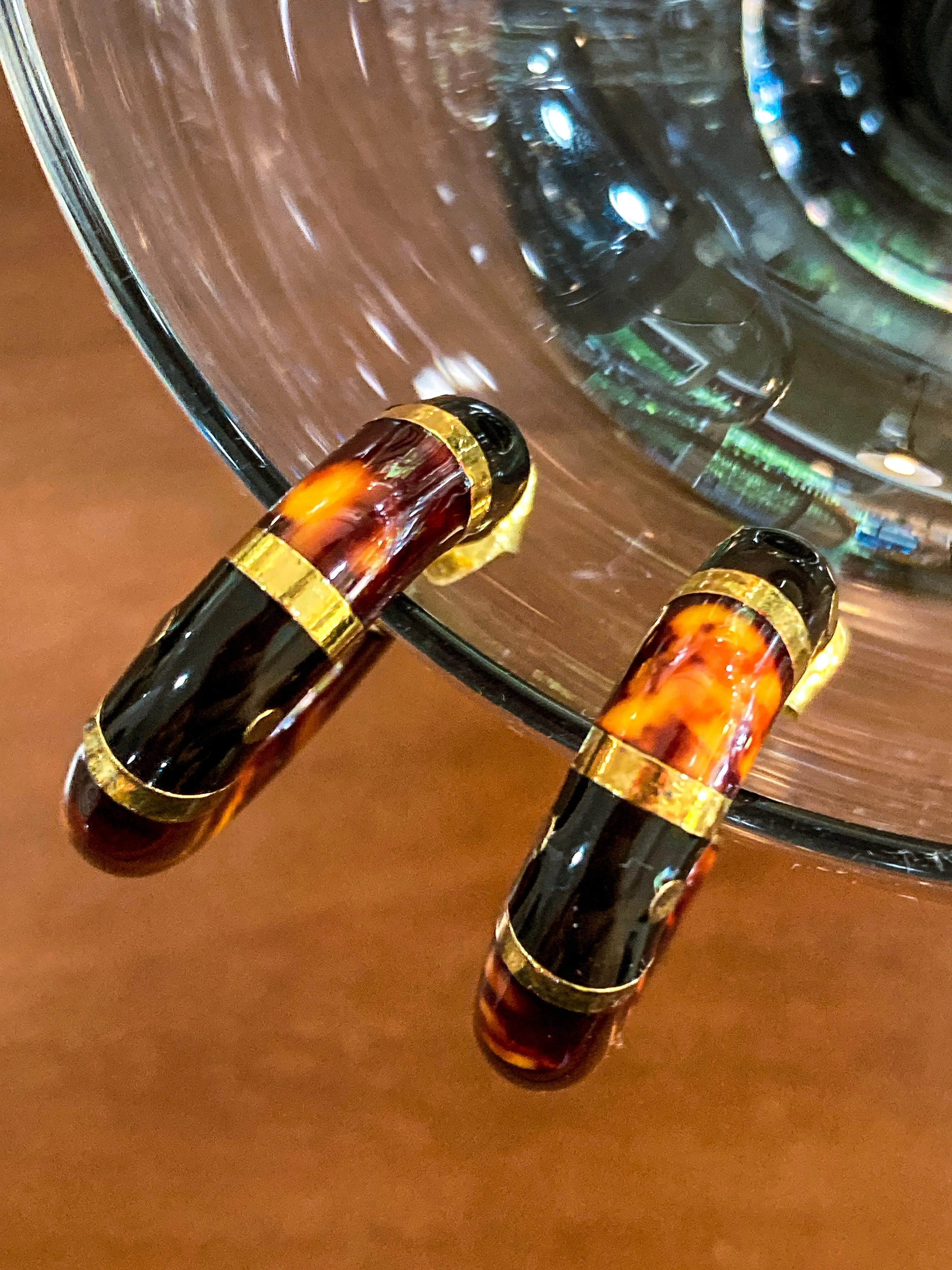 Vintage FLLI MENEGATTI Gold Vermeil 925 Tortoise Shell Black Onyx Hoop Post Earrings
