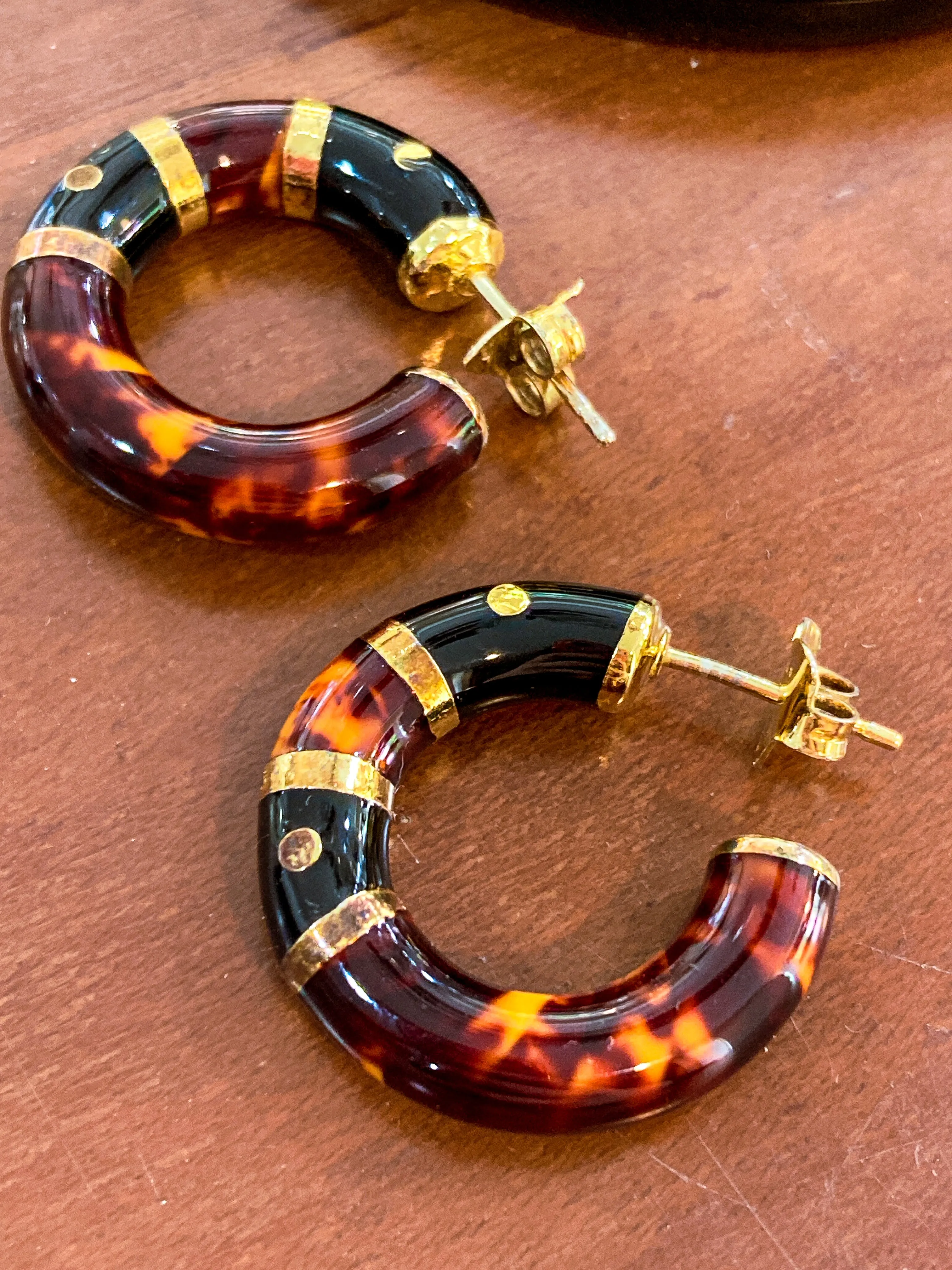Vintage FLLI MENEGATTI Gold Vermeil 925 Tortoise Shell Black Onyx Hoop Post Earrings
