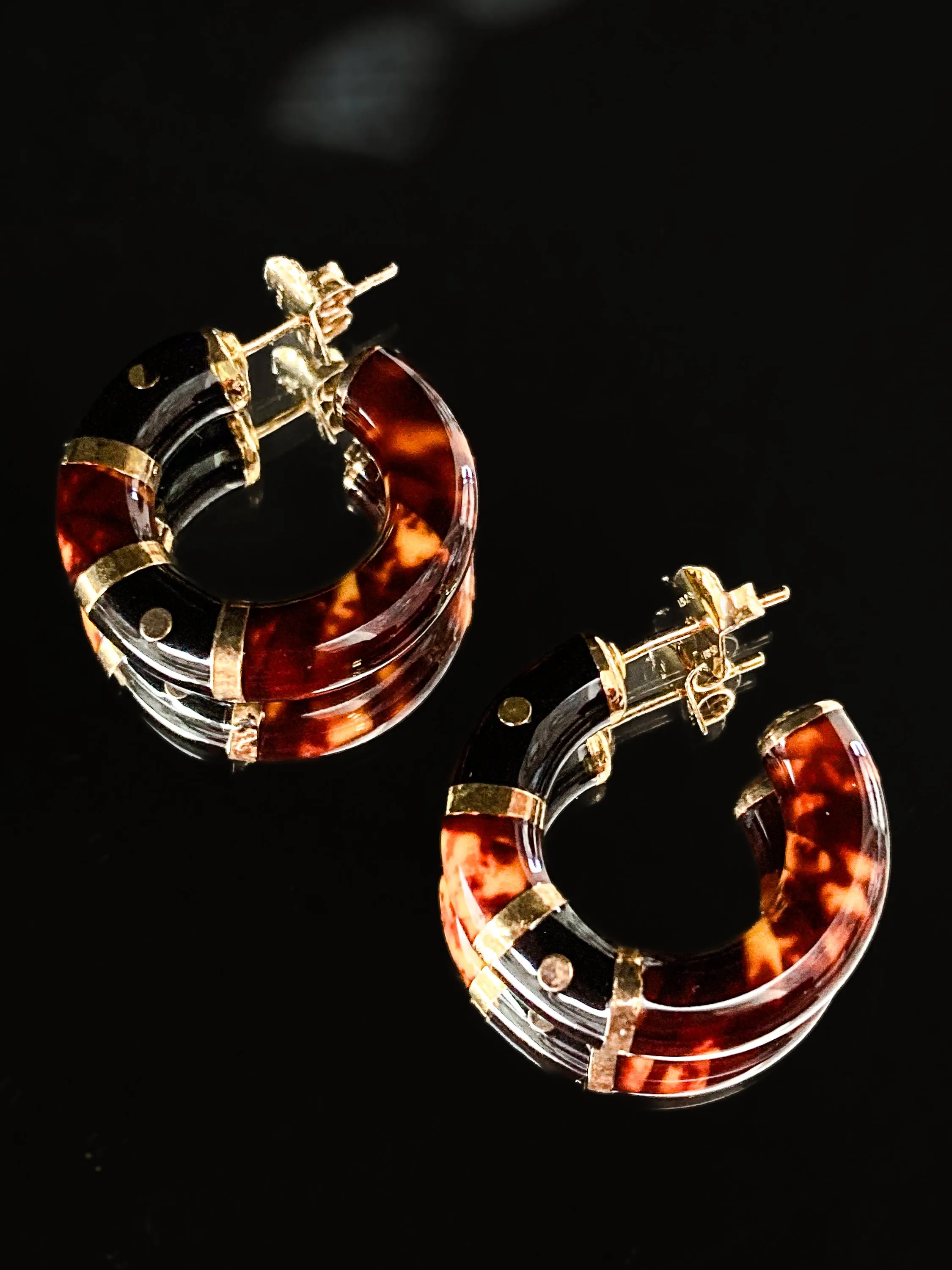 Vintage FLLI MENEGATTI Gold Vermeil 925 Tortoise Shell Black Onyx Hoop Post Earrings