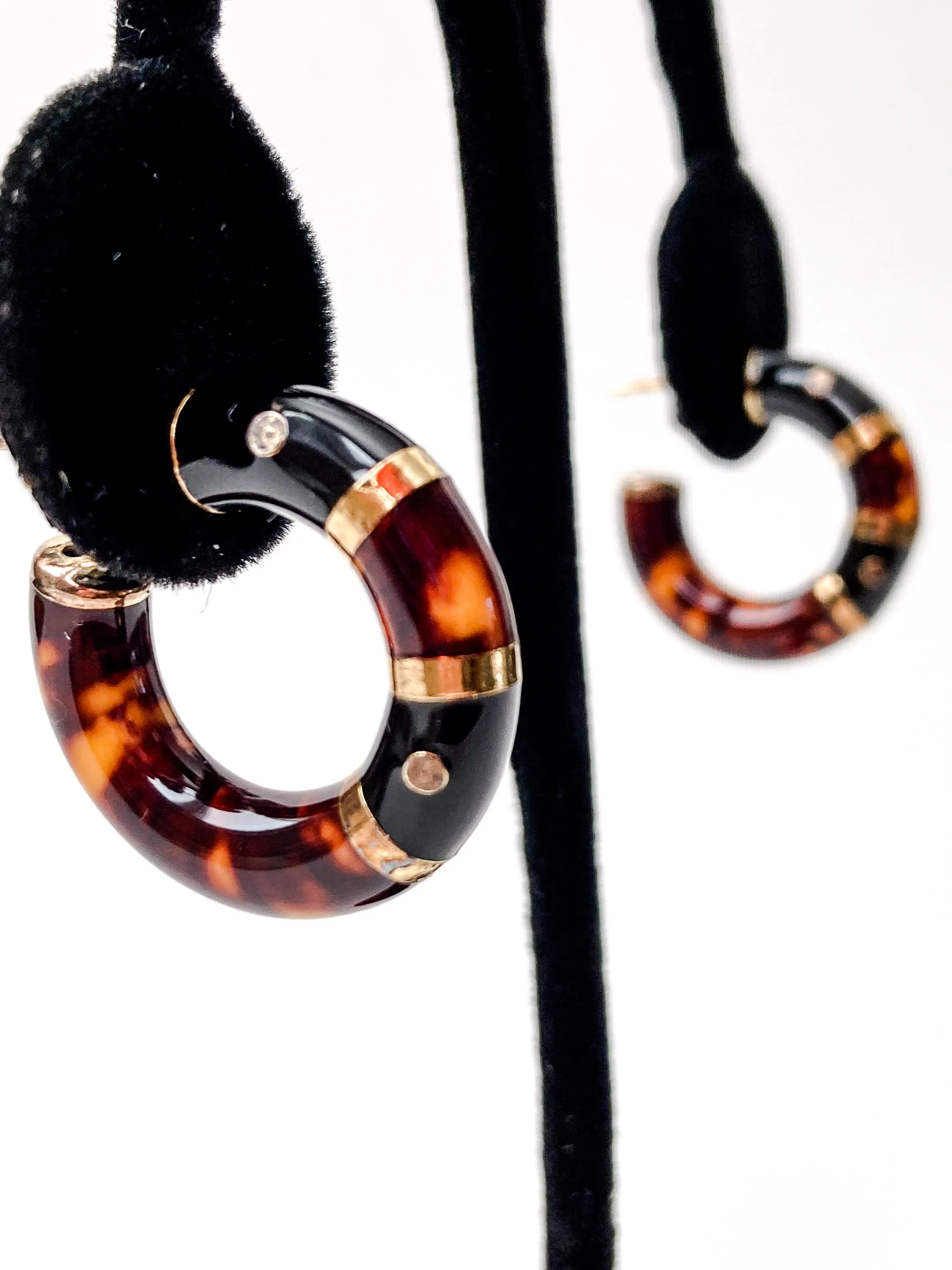 Vintage FLLI MENEGATTI Gold Vermeil 925 Tortoise Shell Black Onyx Hoop Post Earrings