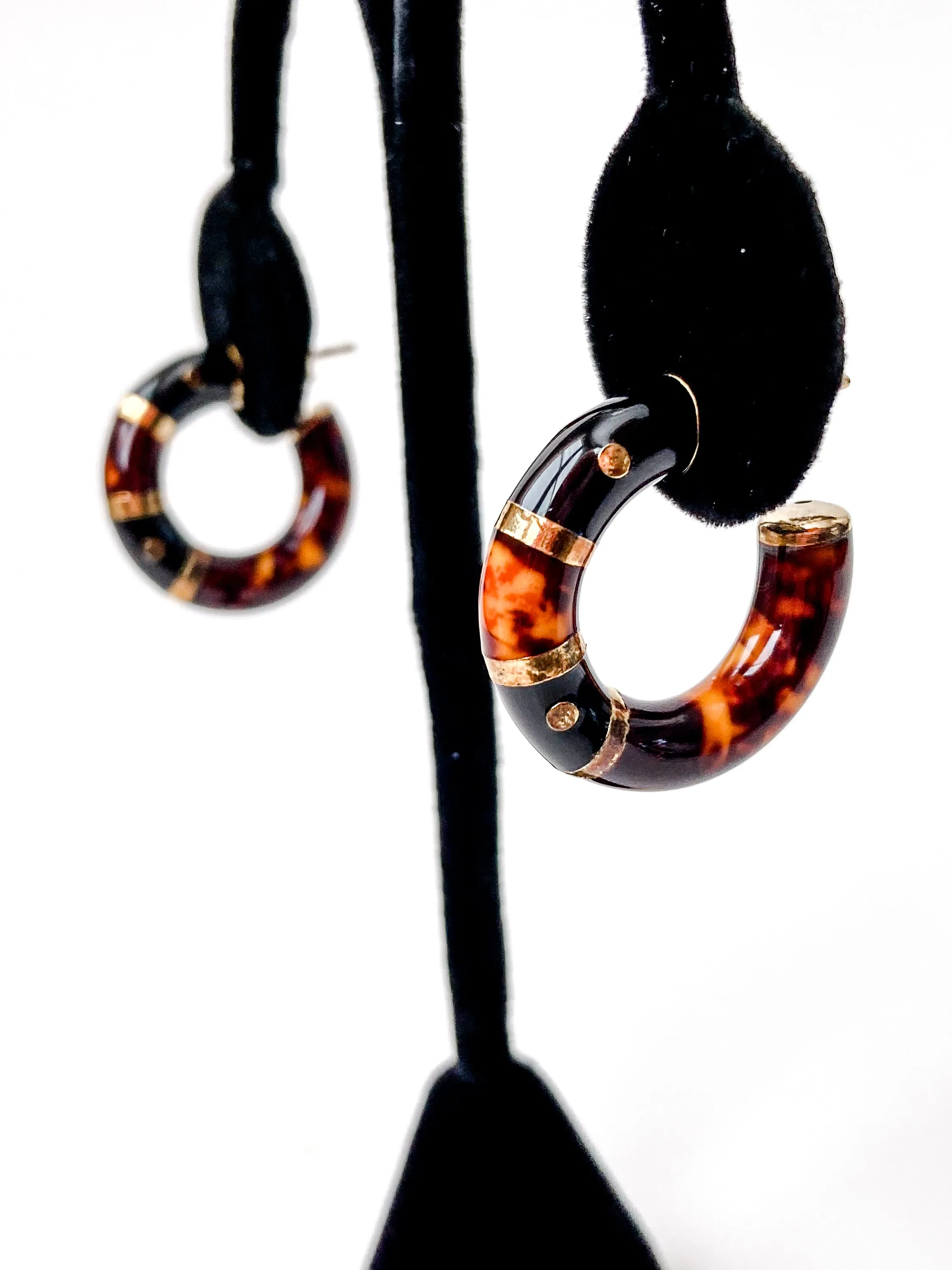Vintage FLLI MENEGATTI Gold Vermeil 925 Tortoise Shell Black Onyx Hoop Post Earrings