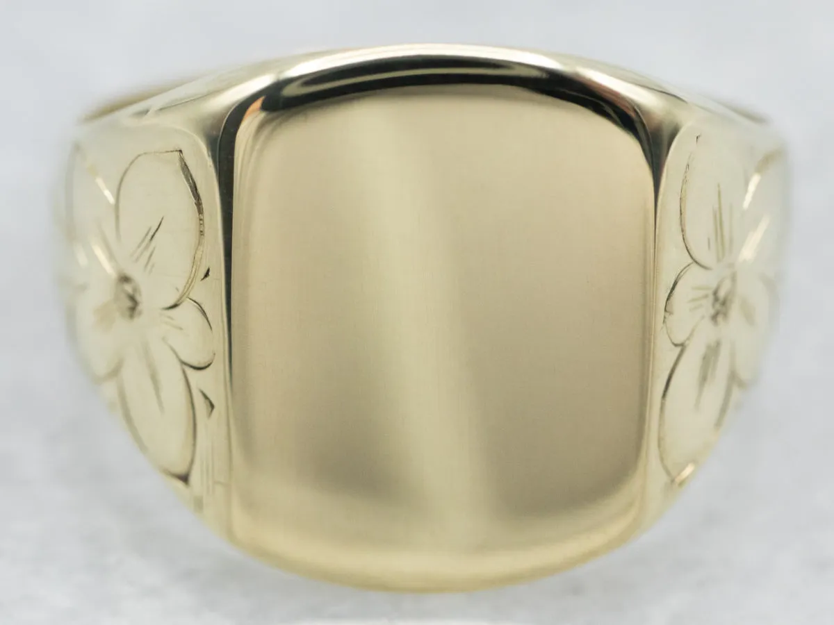 Vintage Green Gold Signet Ring with Floral Details