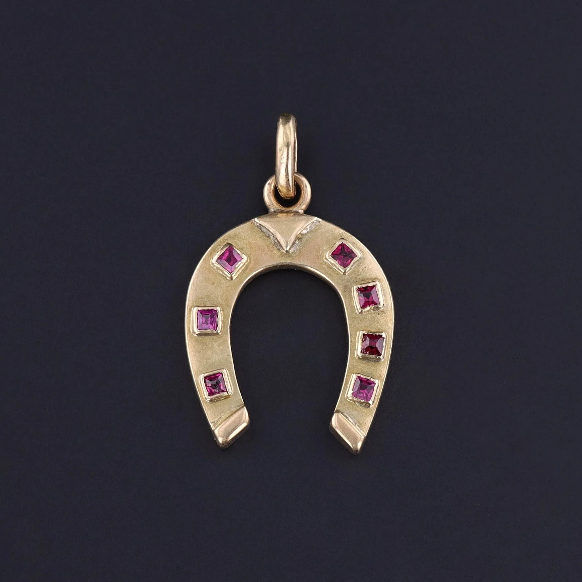 Vintage Ruby Horseshoe Pendant of 14k Gold