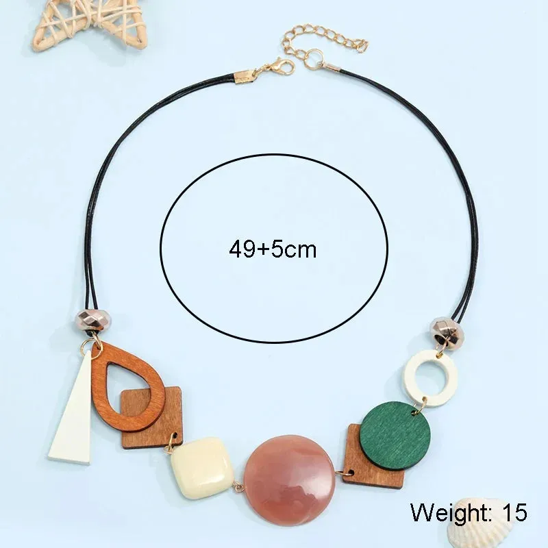 Vintage Wooden Geometric Pendant Necklace with Collar Handmade Ethnic Statement Bib Necklaces for Women Neck