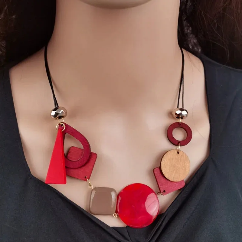 Vintage Wooden Geometric Pendant Necklace with Collar Handmade Ethnic Statement Bib Necklaces for Women Neck