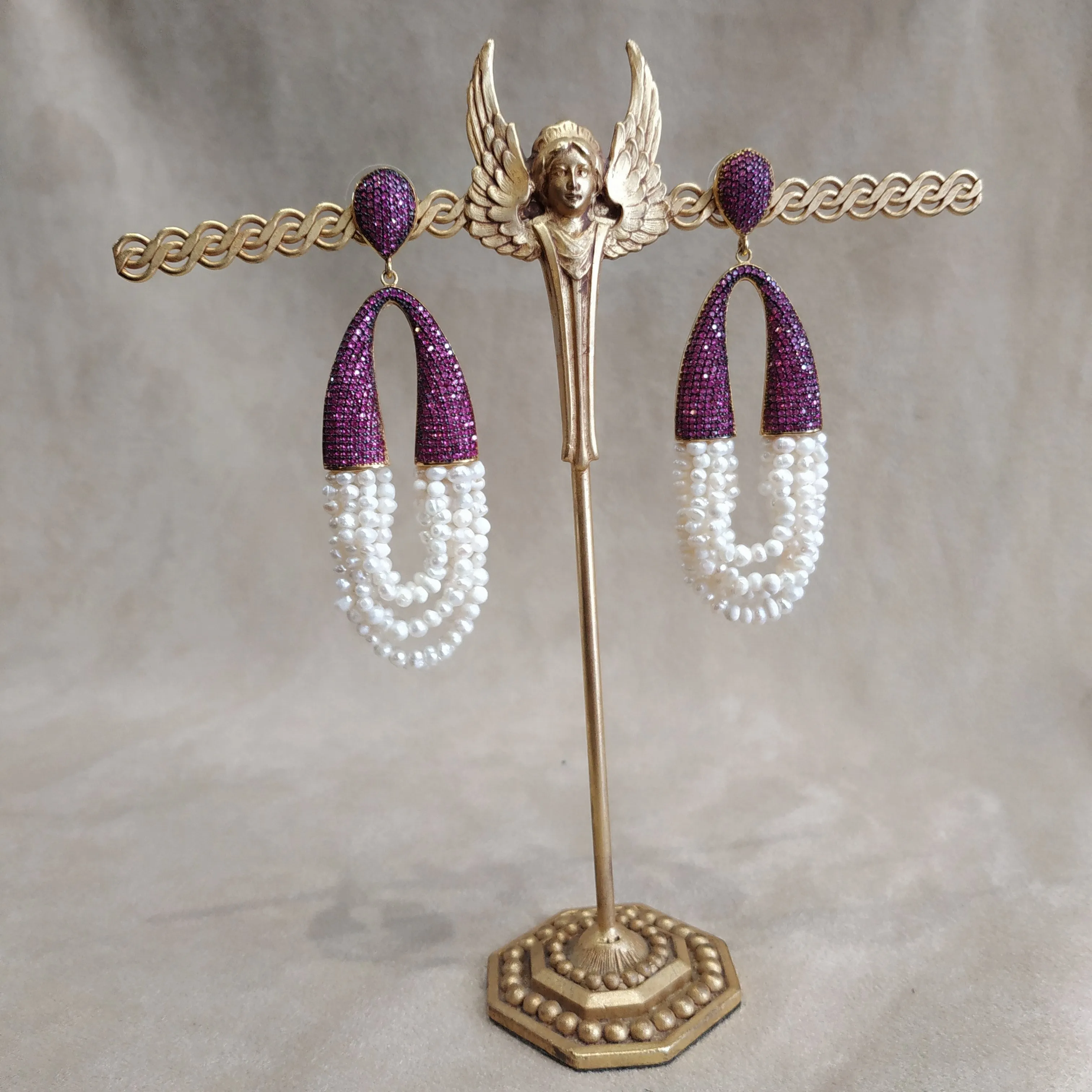 waterfall pearl and ruby crystal pave earrings