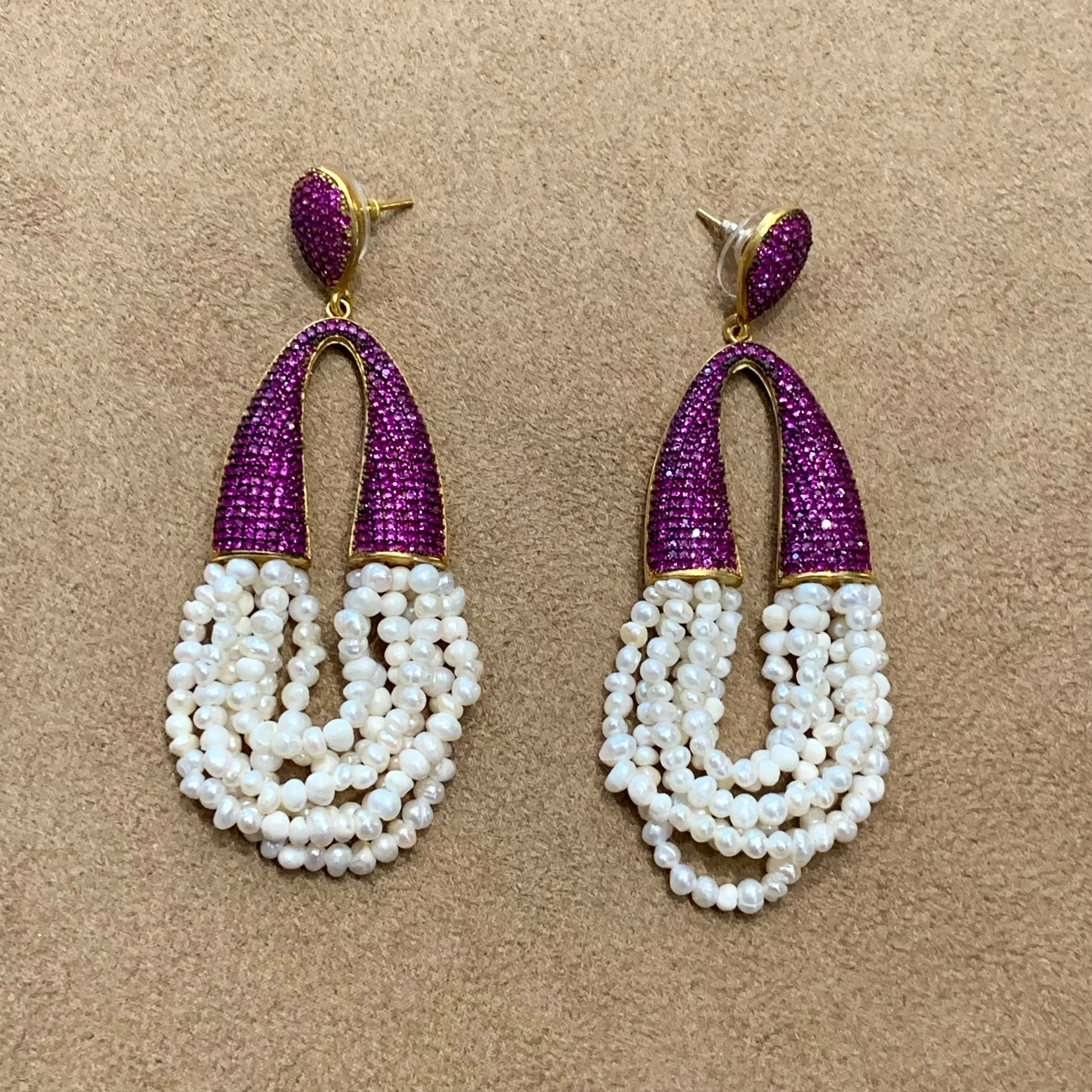 waterfall pearl and ruby crystal pave earrings