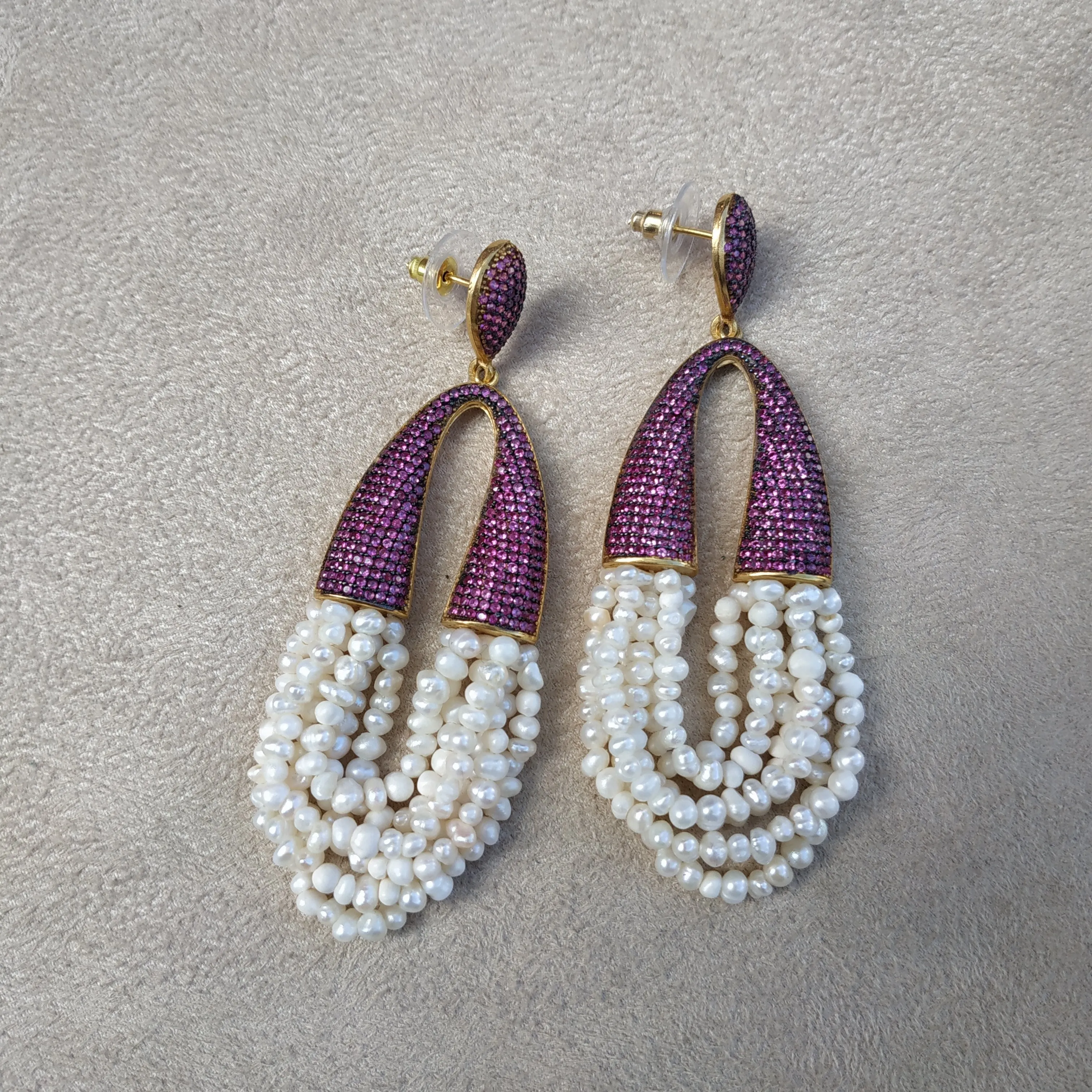 waterfall pearl and ruby crystal pave earrings