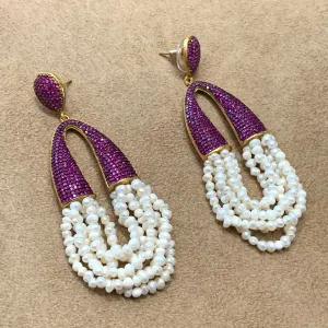 waterfall pearl and ruby crystal pave earrings