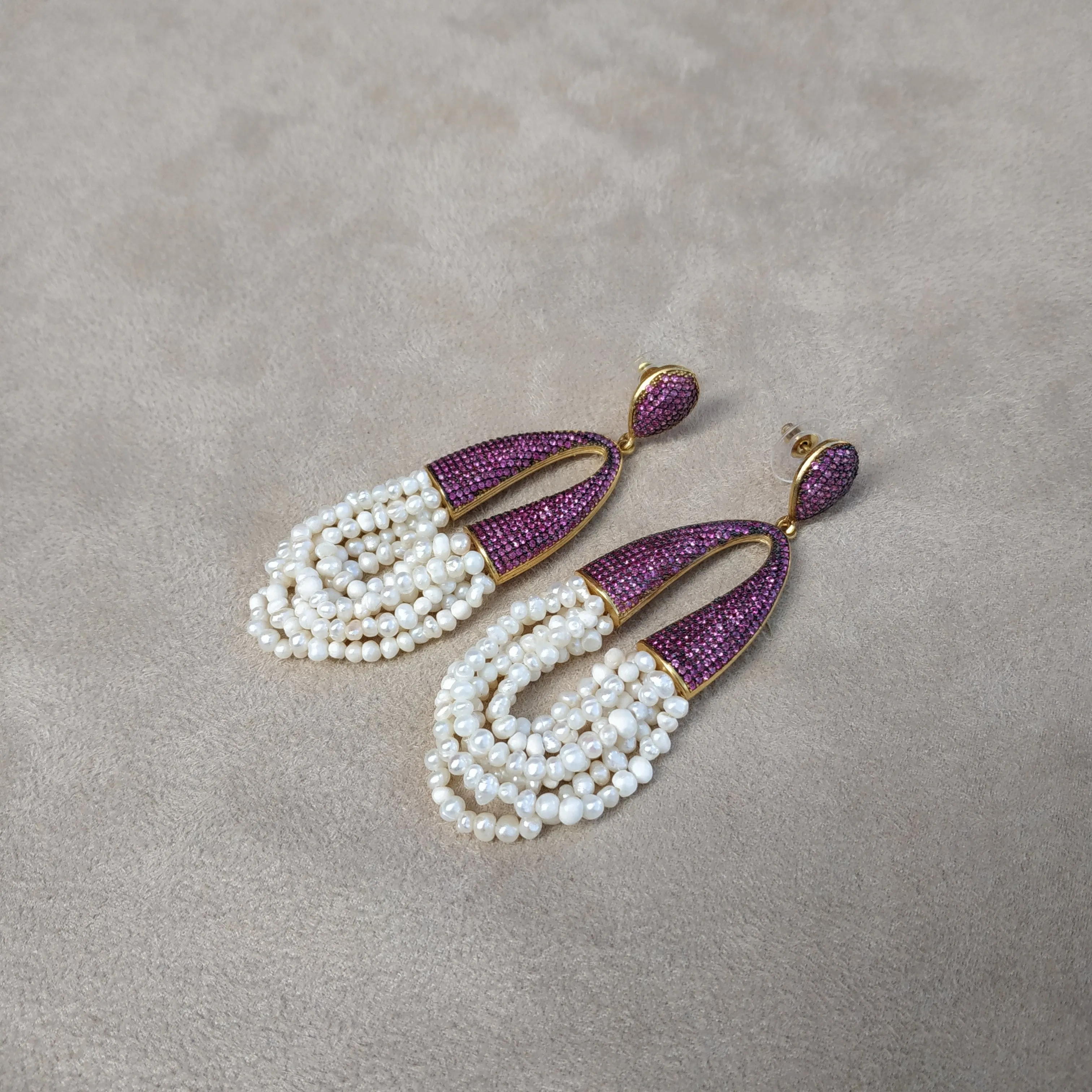 waterfall pearl and ruby crystal pave earrings