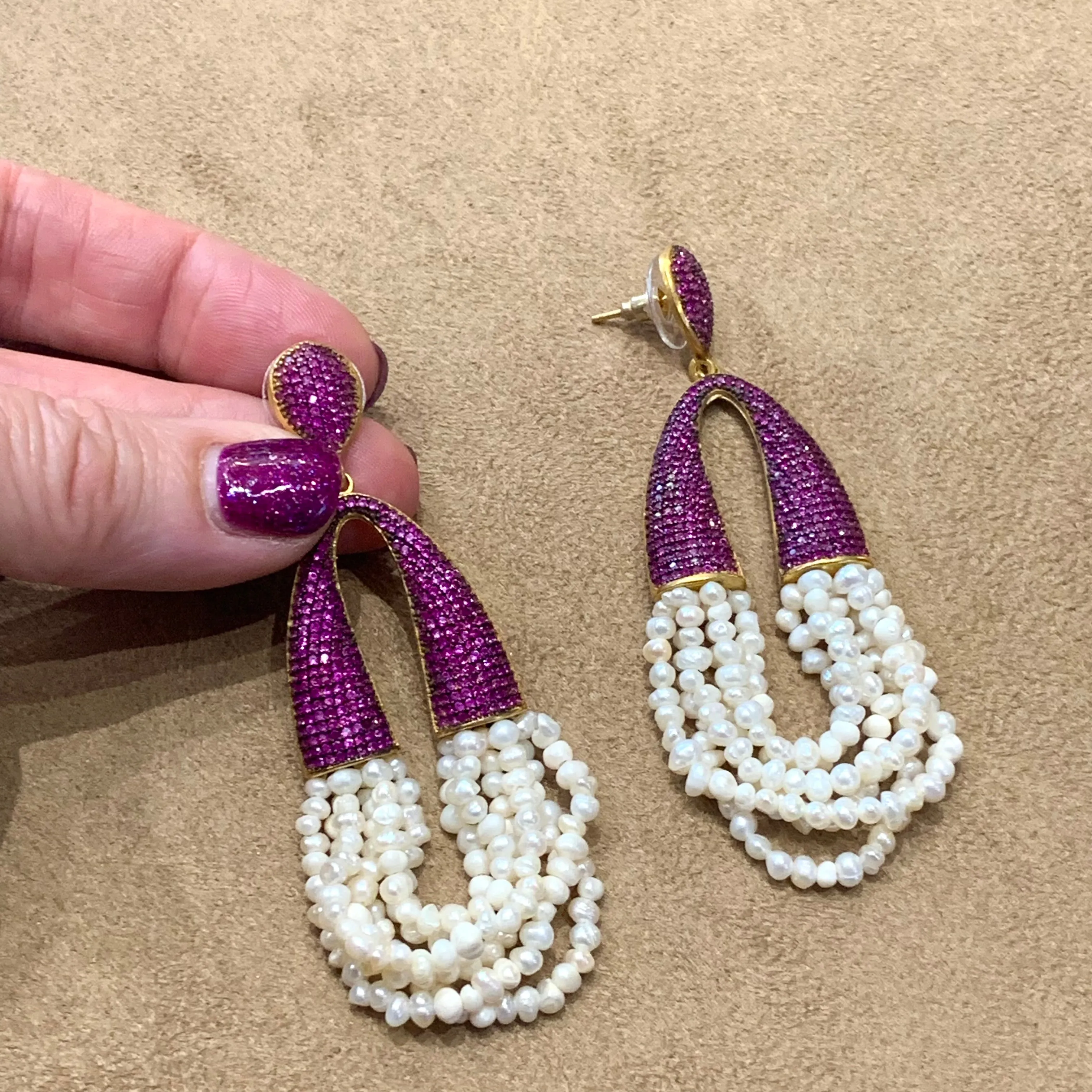 waterfall pearl and ruby crystal pave earrings