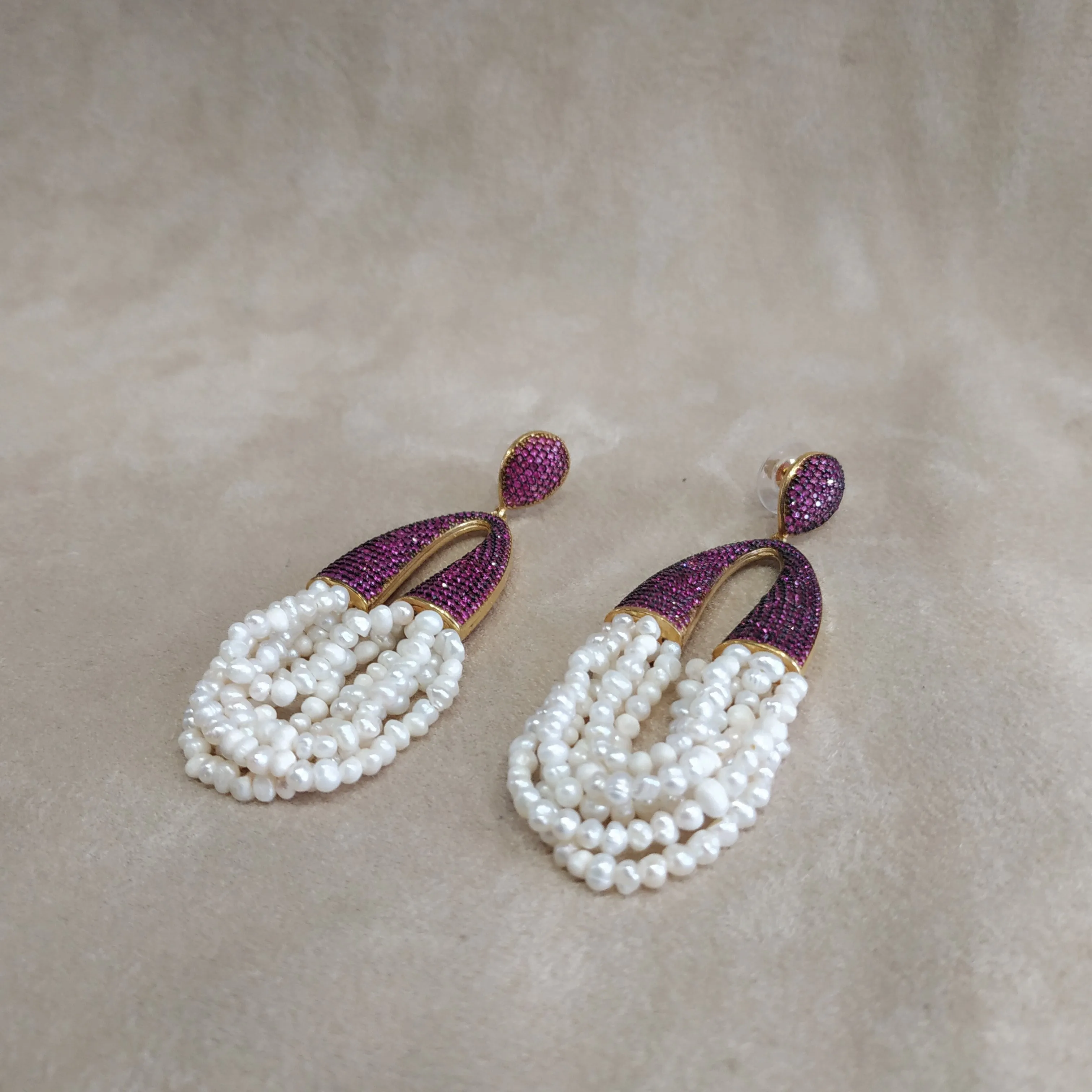 waterfall pearl and ruby crystal pave earrings