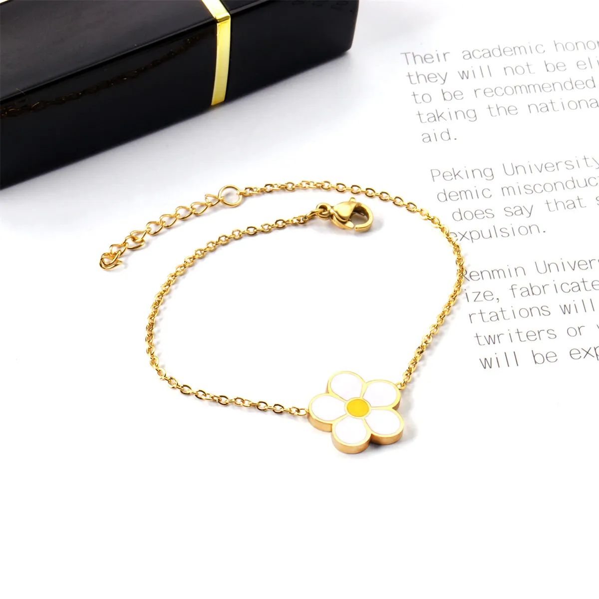 White Enamel & 18K Gold-Plated Flower Charm Bracelet