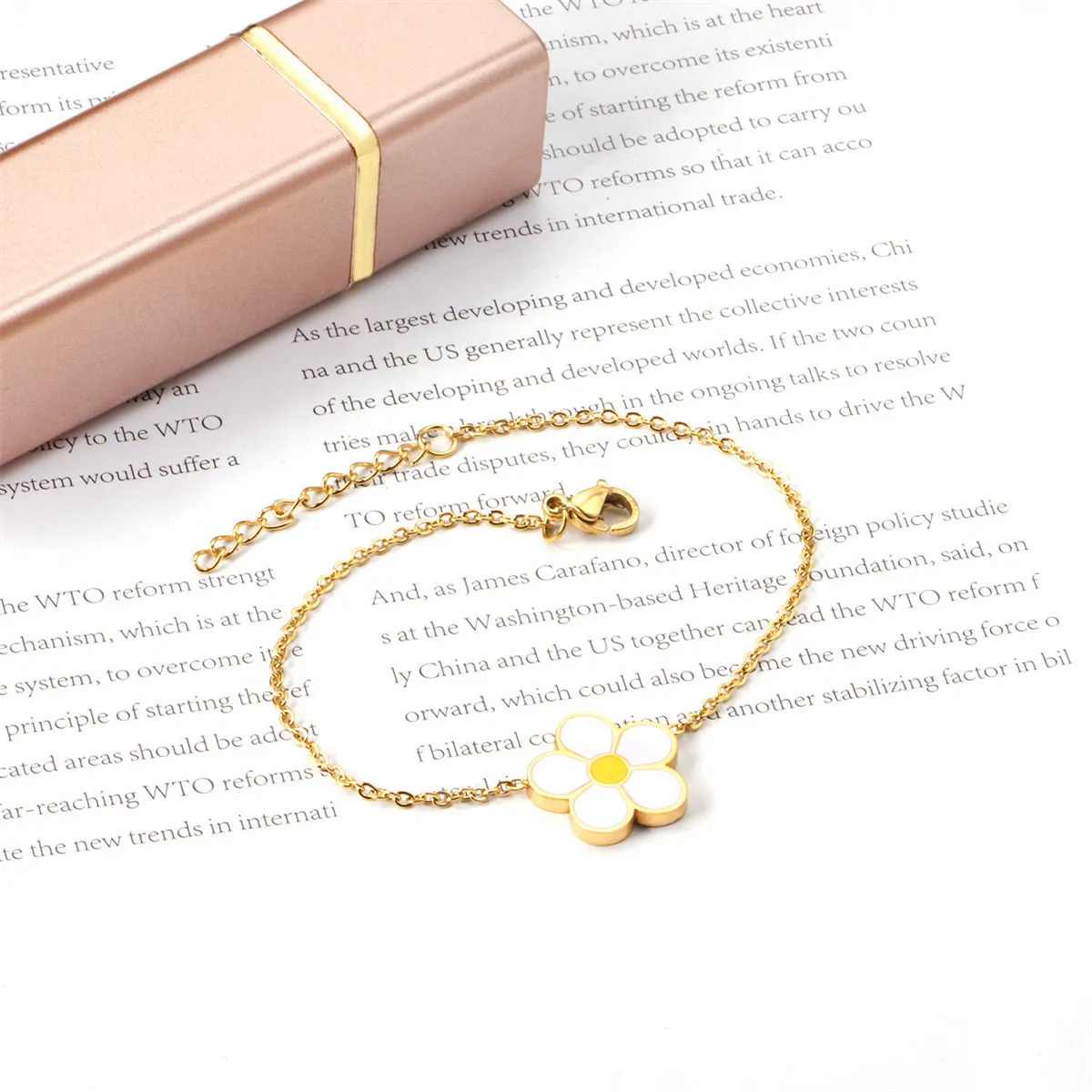 White Enamel & 18K Gold-Plated Flower Charm Bracelet