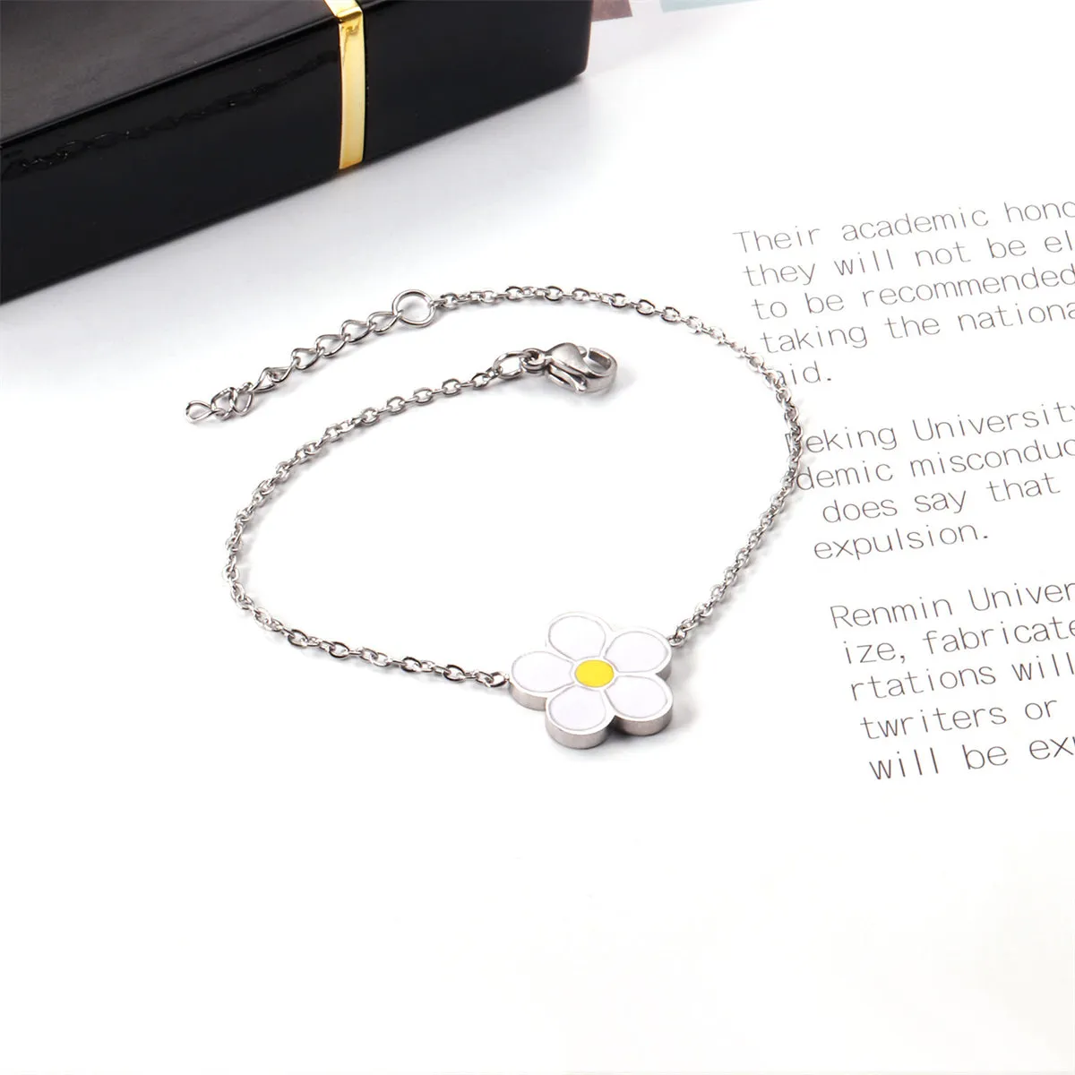 White Enamel & Silver-Plated Flower Charm Bracelet