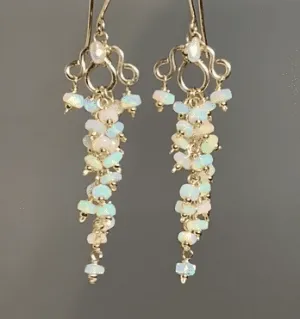 White Ethiopian Opal Chandelier Tassel Earrings Gold Fill
