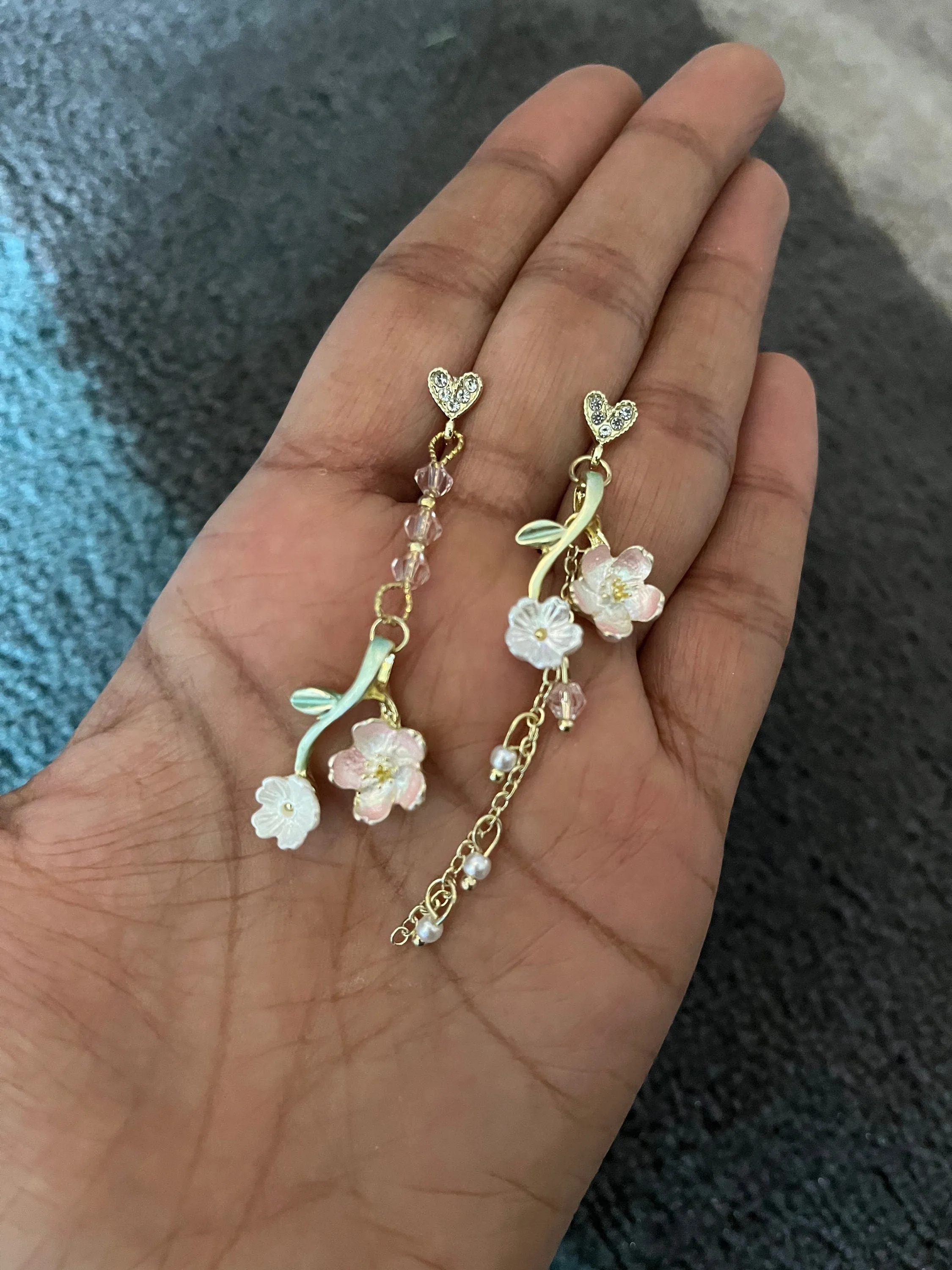 White flower earrings , cherry blossom earrings ,  earrings , mismatched earrings , long white earrings floral